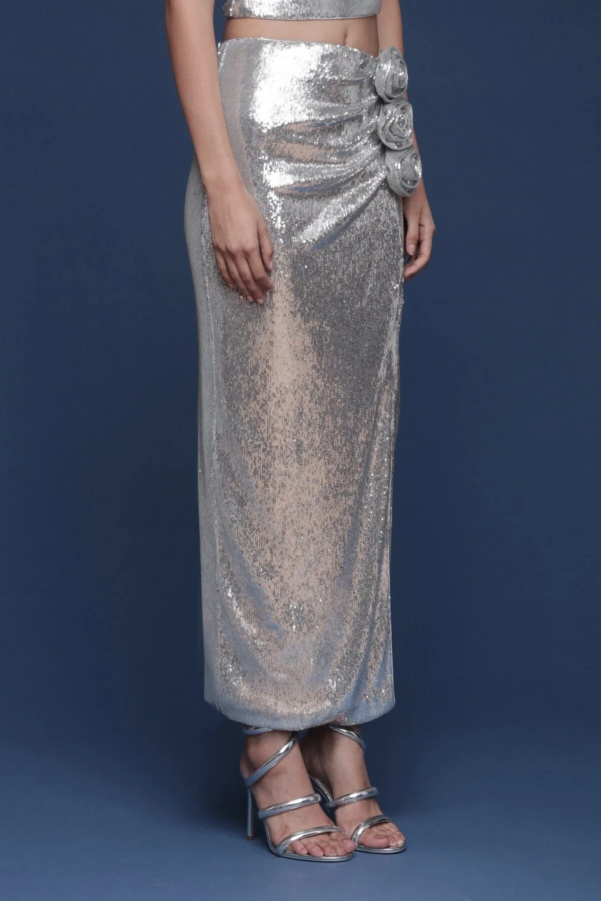 Rosette Embellished Sequin Maxi Skirt sold by Avec Les Filles product image thumbnail 4