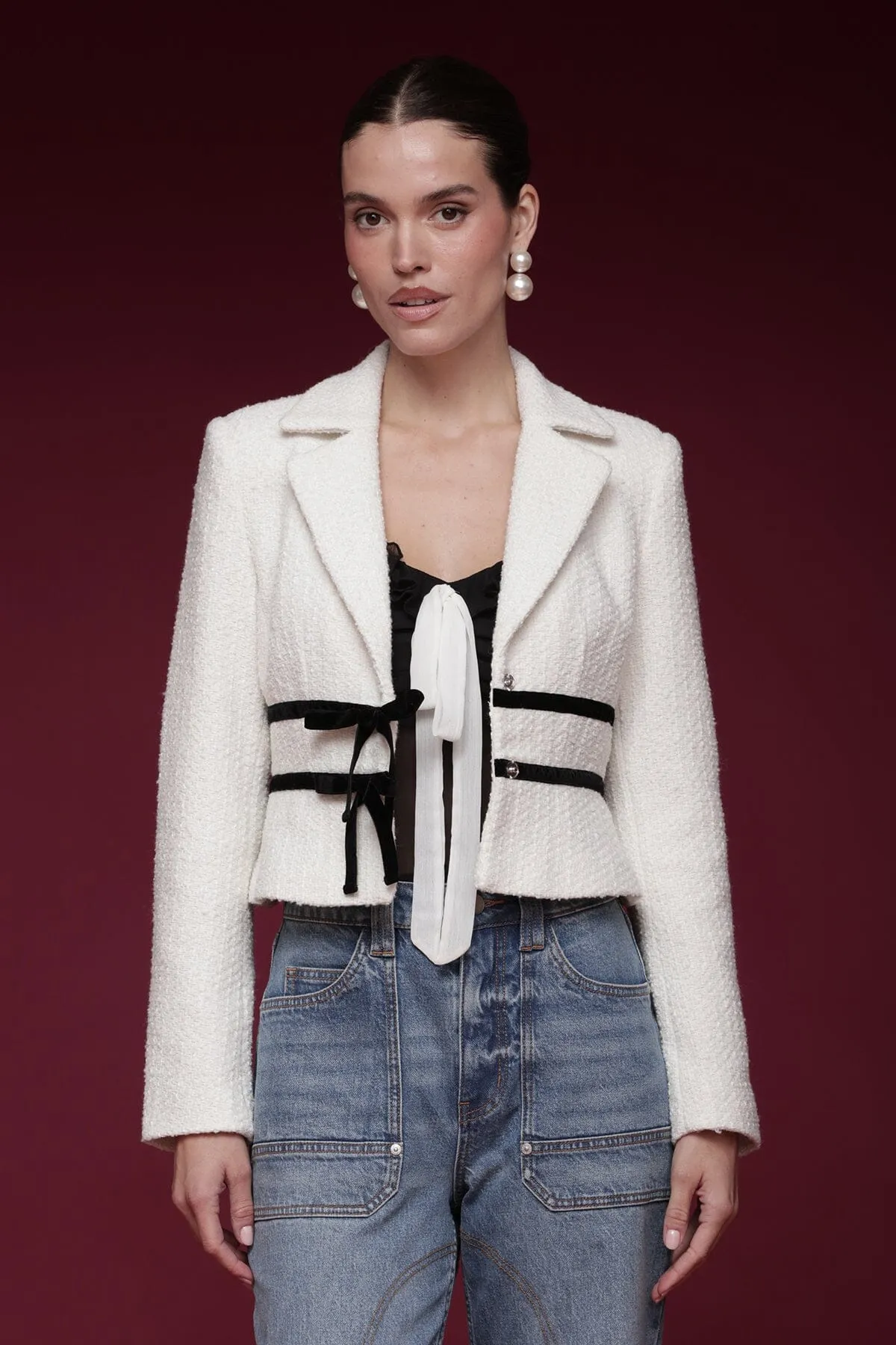 Velvet Bow Trim Tweed Jacket sold by Avec Les Filles product image thumbnail 3