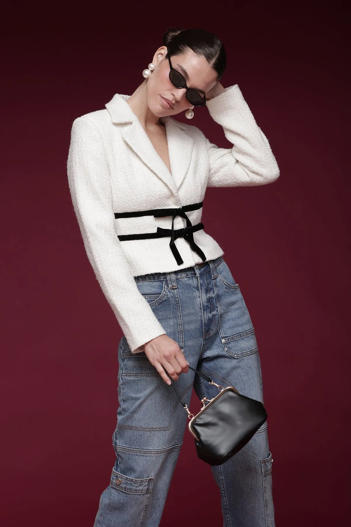 Velvet Bow Trim Tweed Jacket sold by Avec Les Filles