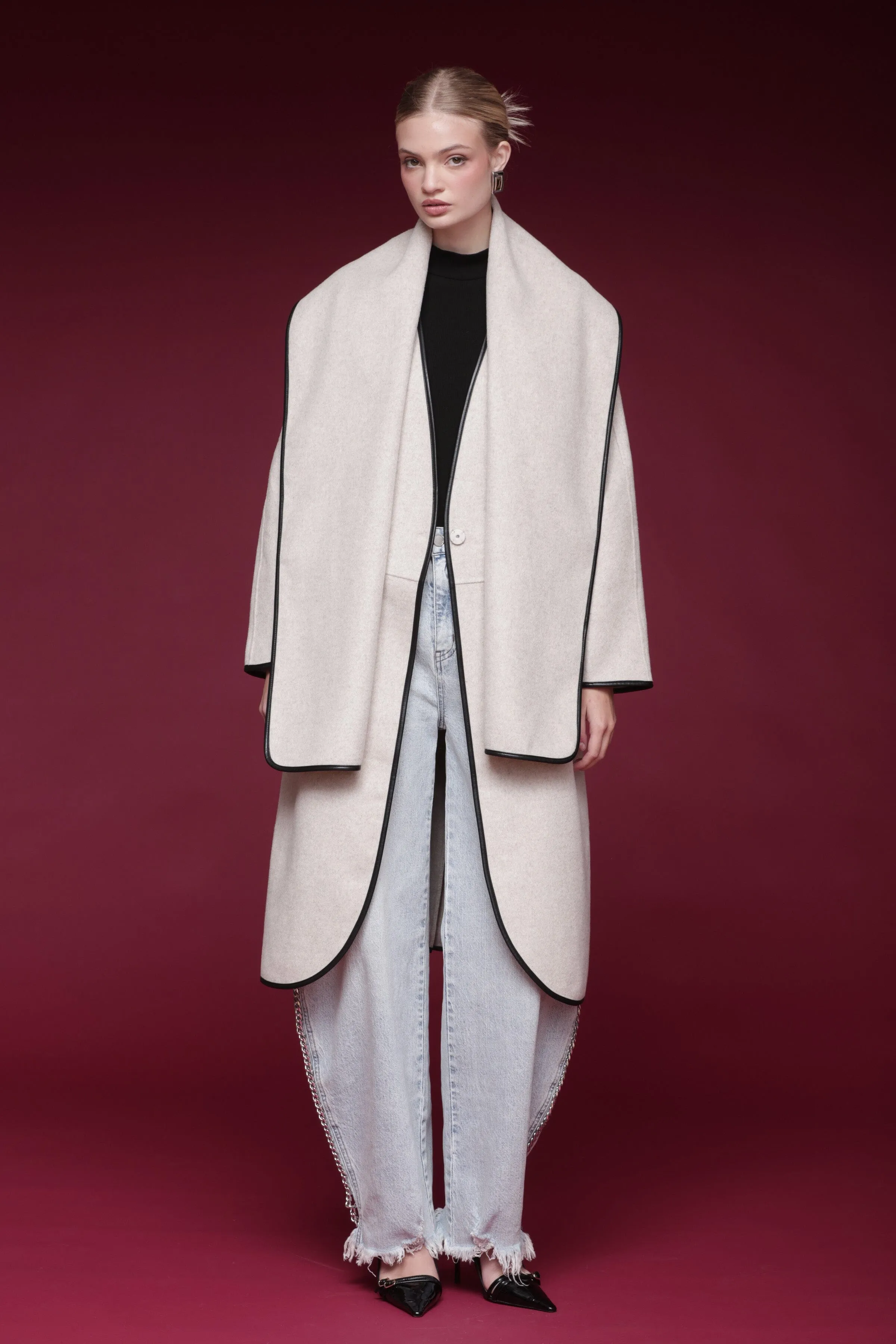 Contrast Trim Wool Blend Scarf Coat sold by Avec Les Filles product image thumbnail 4