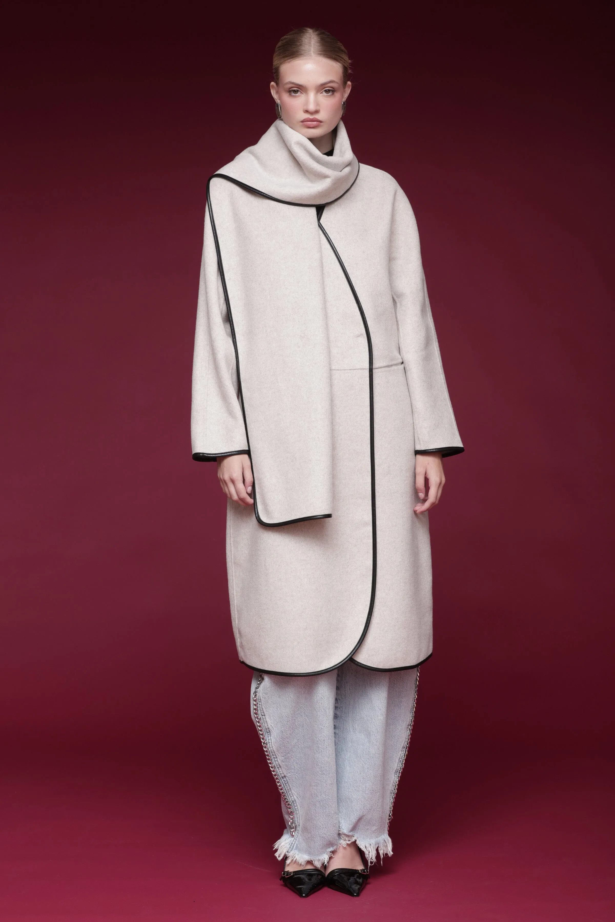 Contrast Trim Wool Blend Scarf Coat sold by Avec Les Filles product image thumbnail 3