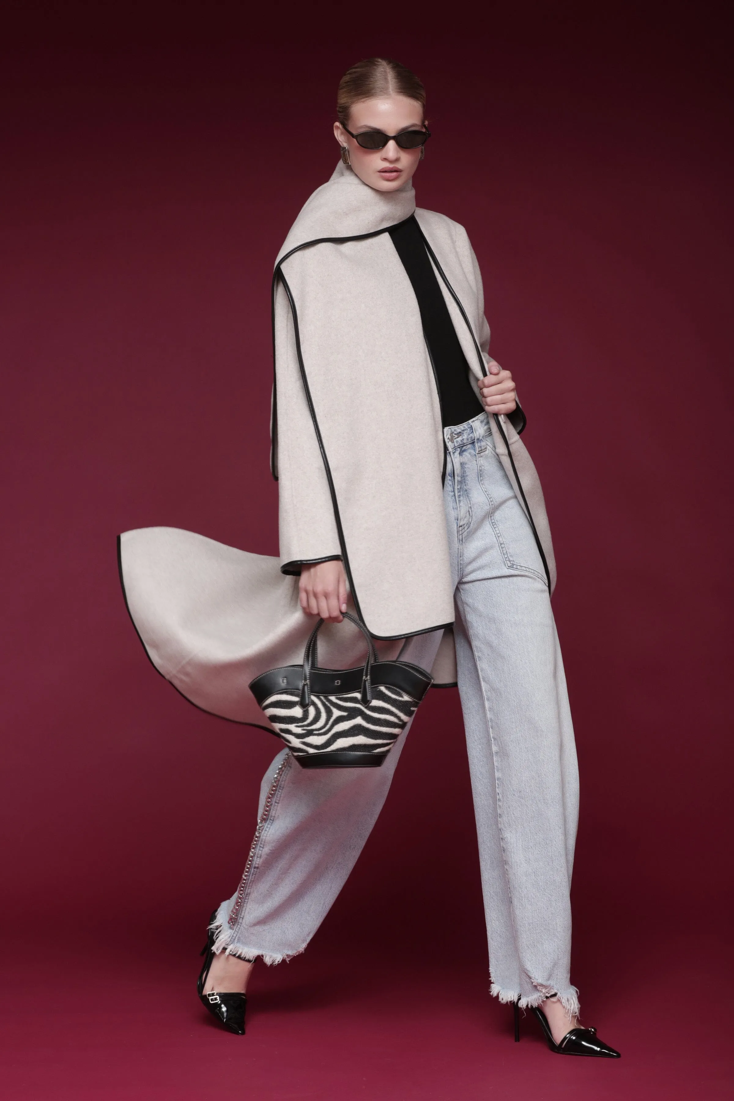 Contrast Trim Wool Blend Scarf Coat sold by Avec Les Filles product image thumbnail 2