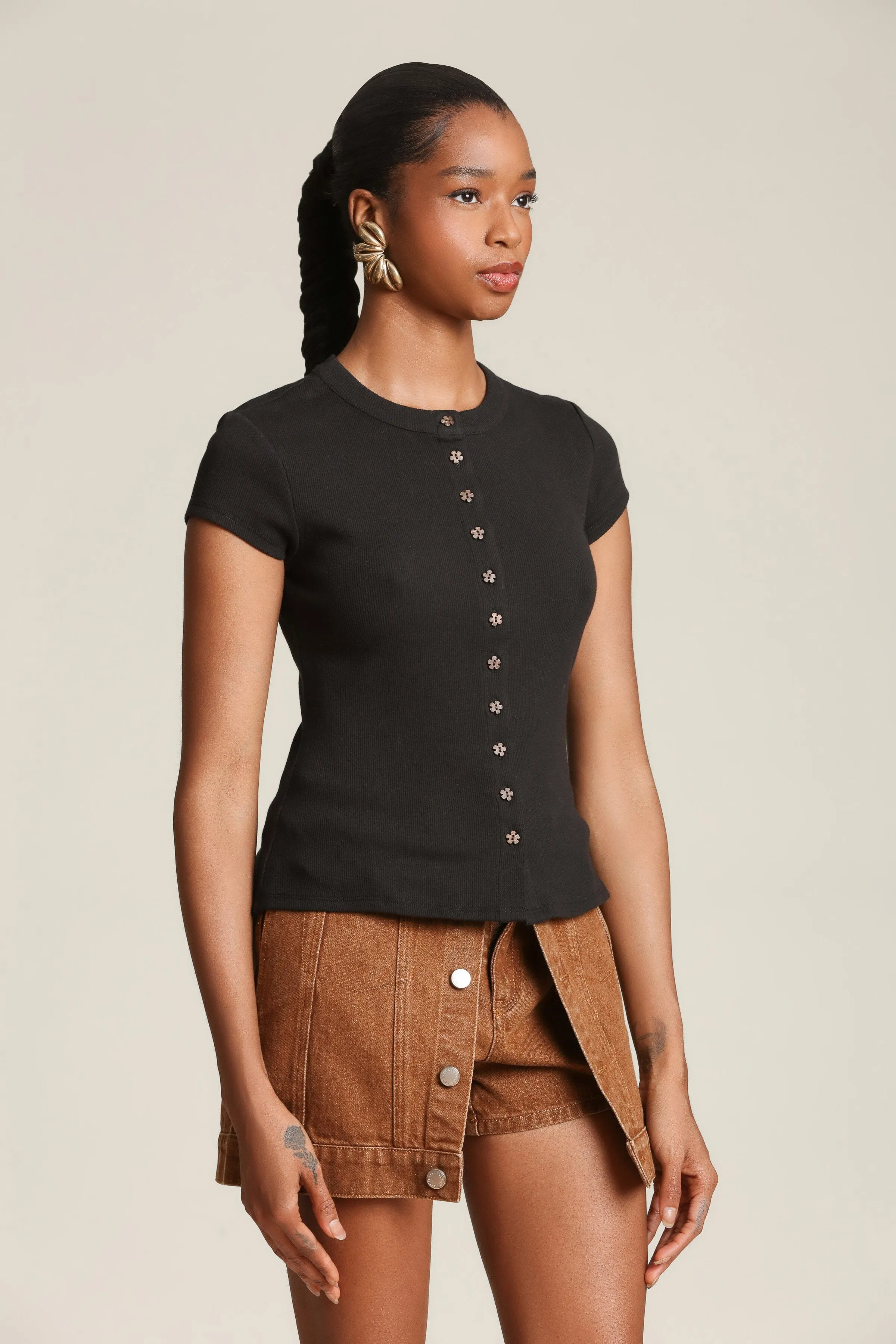 Flower Button Cotton T-Shirt sold by Avec Les Filles
