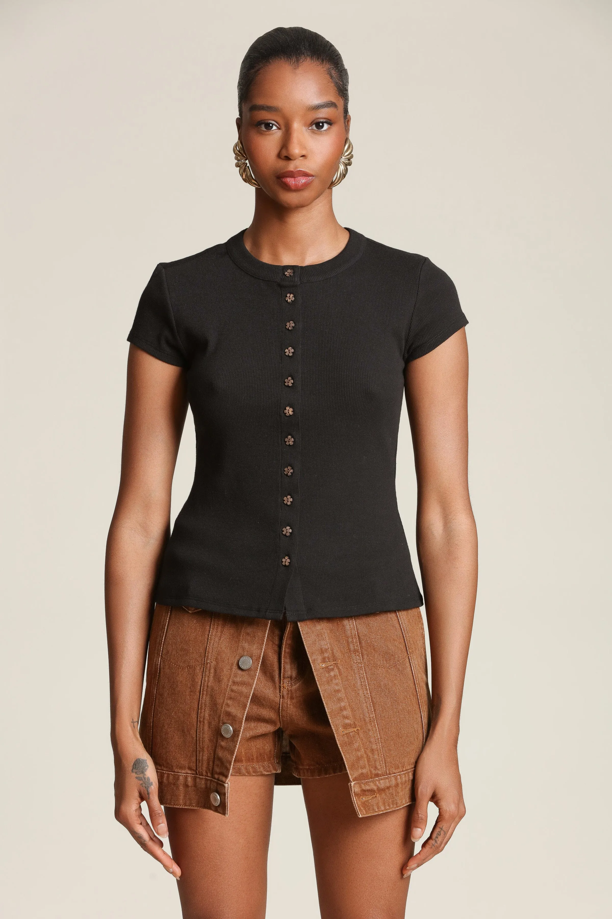 Flower Button Cotton T-Shirt sold by Avec Les Filles product image thumbnail 2