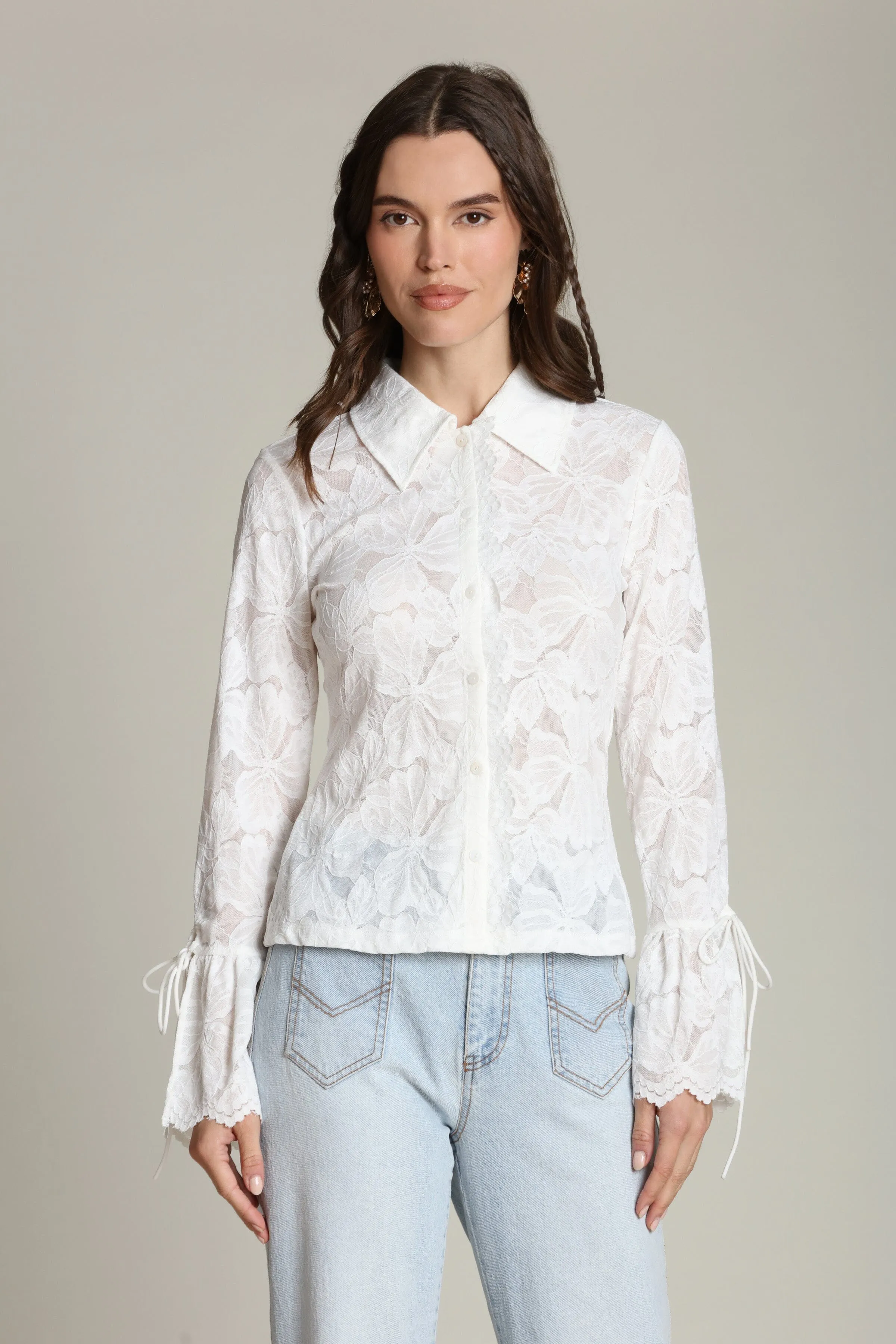 Sheer Lace Tie Cuff Shirt sold by Avec Les Filles product image thumbnail 3