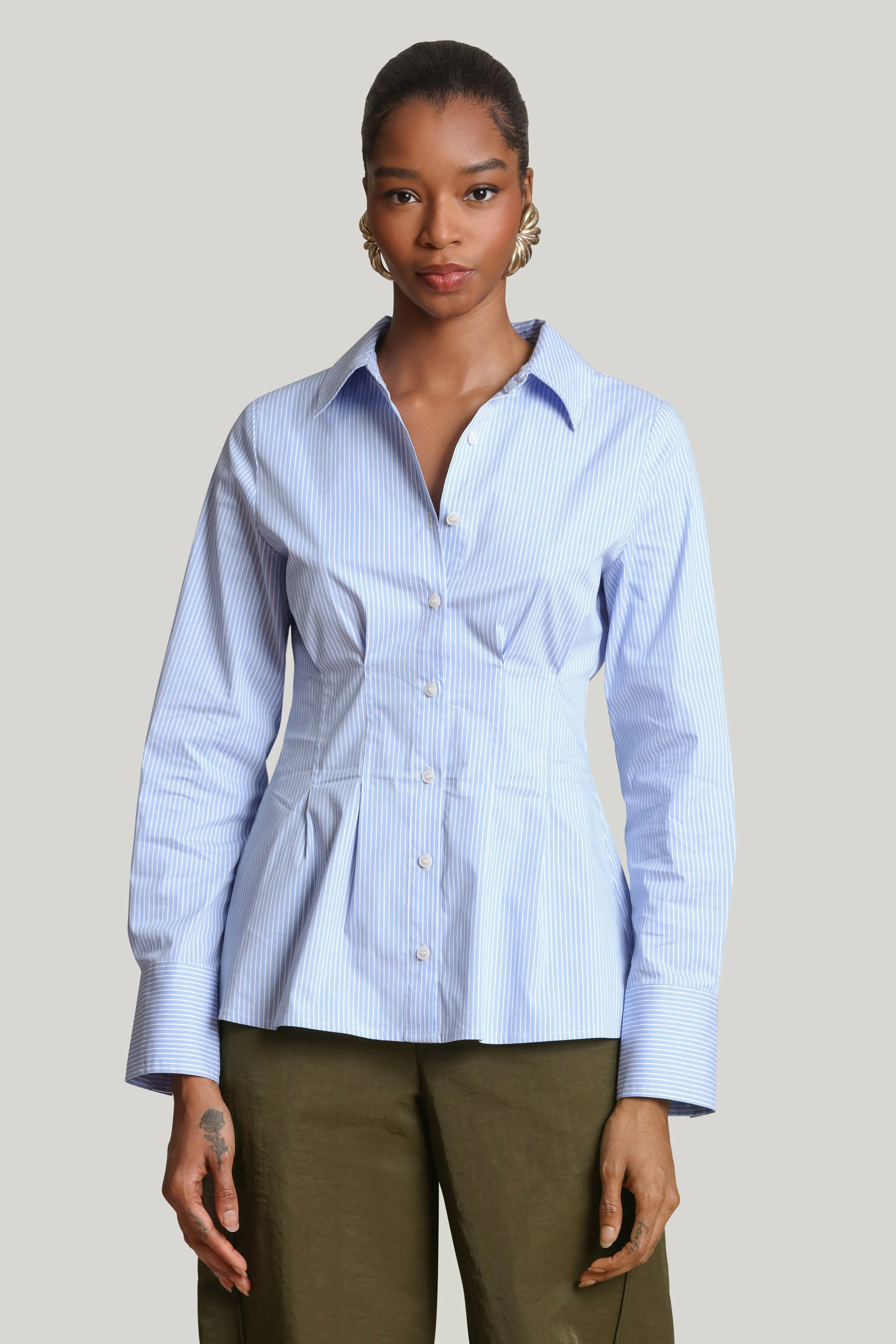 Cinch Waist Cotton Pinstripe Shirt sold by Avec Les Filles product image thumbnail 3
