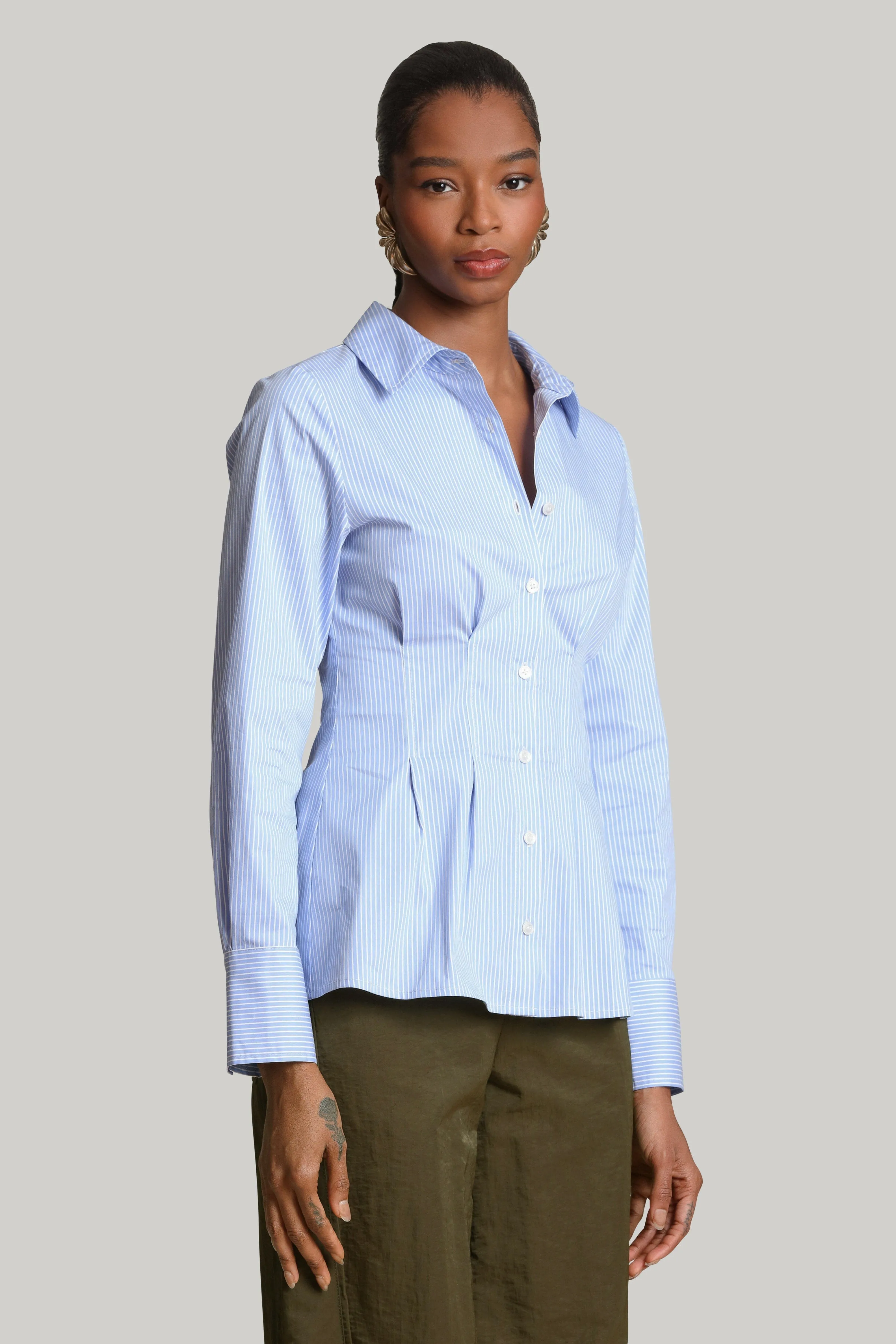 Cinch Waist Cotton Pinstripe Shirt sold by Avec Les Filles product image thumbnail 4