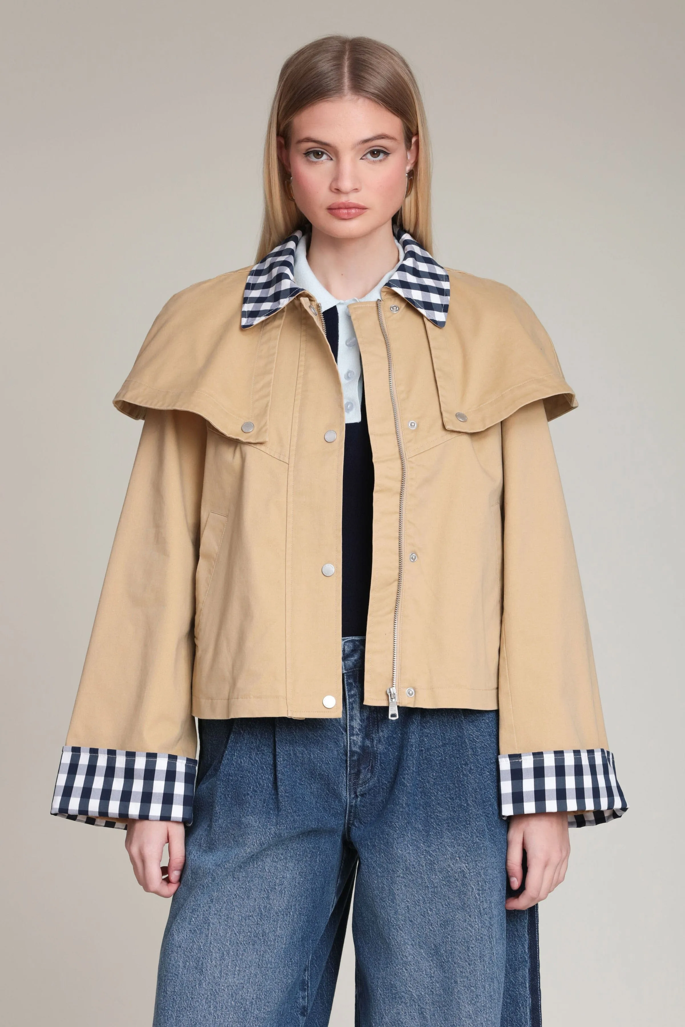 Gingham Trim Cotton Cape Jacket sold by Avec Les Filles product image thumbnail 3