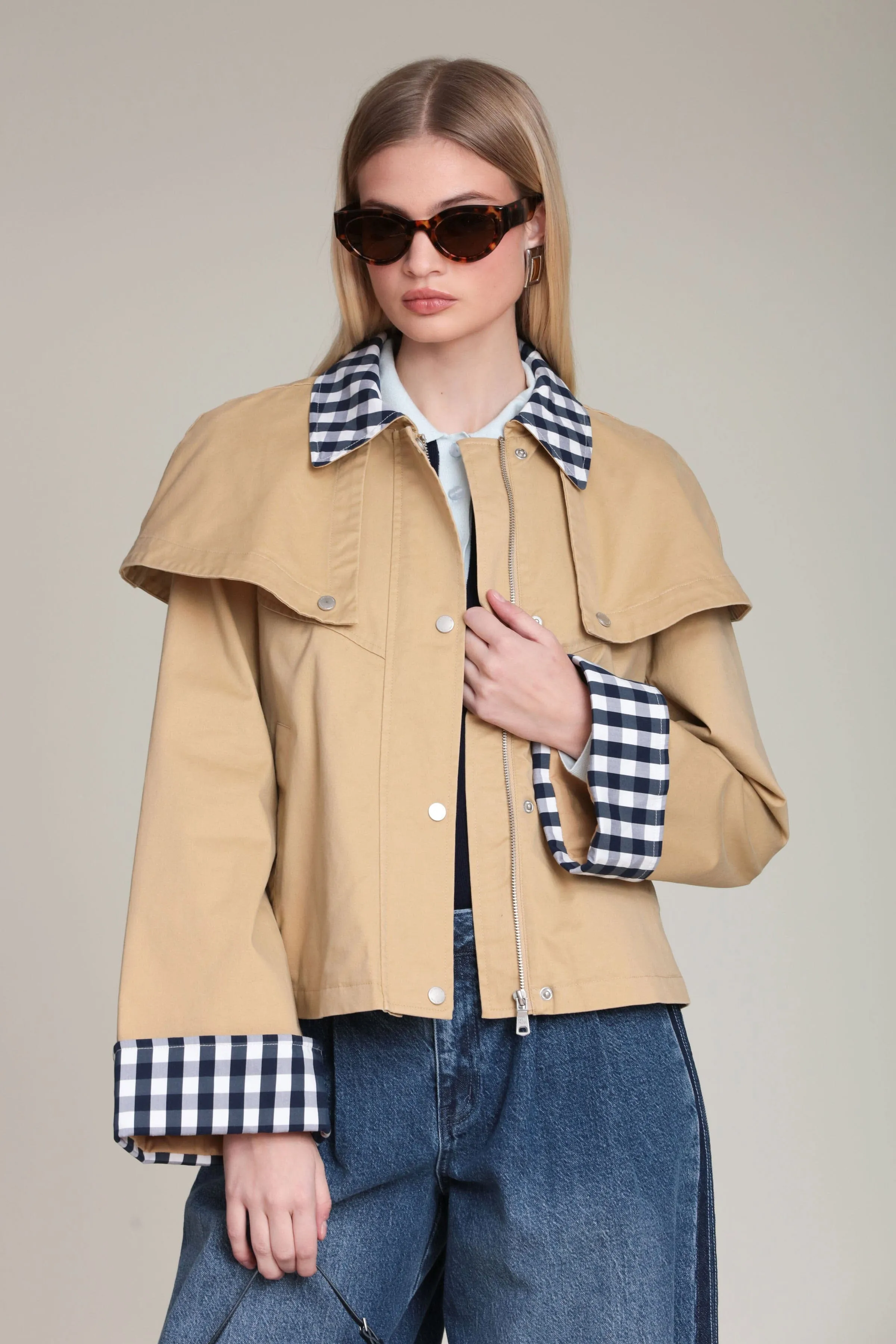 Gingham Trim Cotton Cape Jacket sold by Avec Les Filles