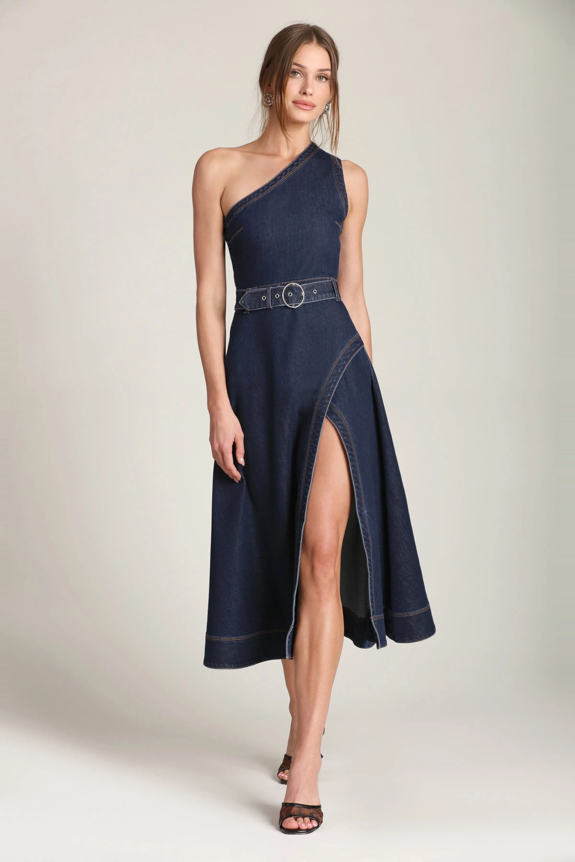 One Shoulder Belted Denim Midi Dress sold by Avec Les Filles product image thumbnail 3