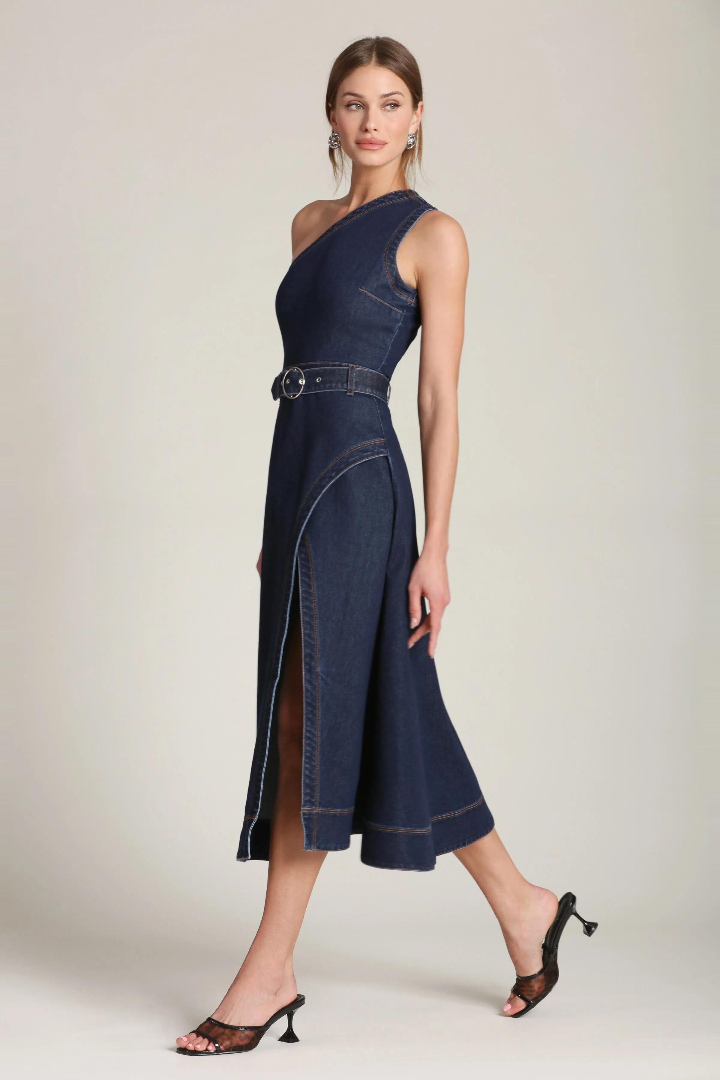 One Shoulder Belted Denim Midi Dress sold by Avec Les Filles product image thumbnail 4
