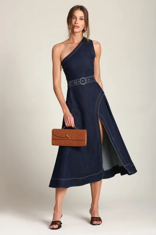 One Shoulder Belted Denim Midi Dress sold by Avec Les Filles