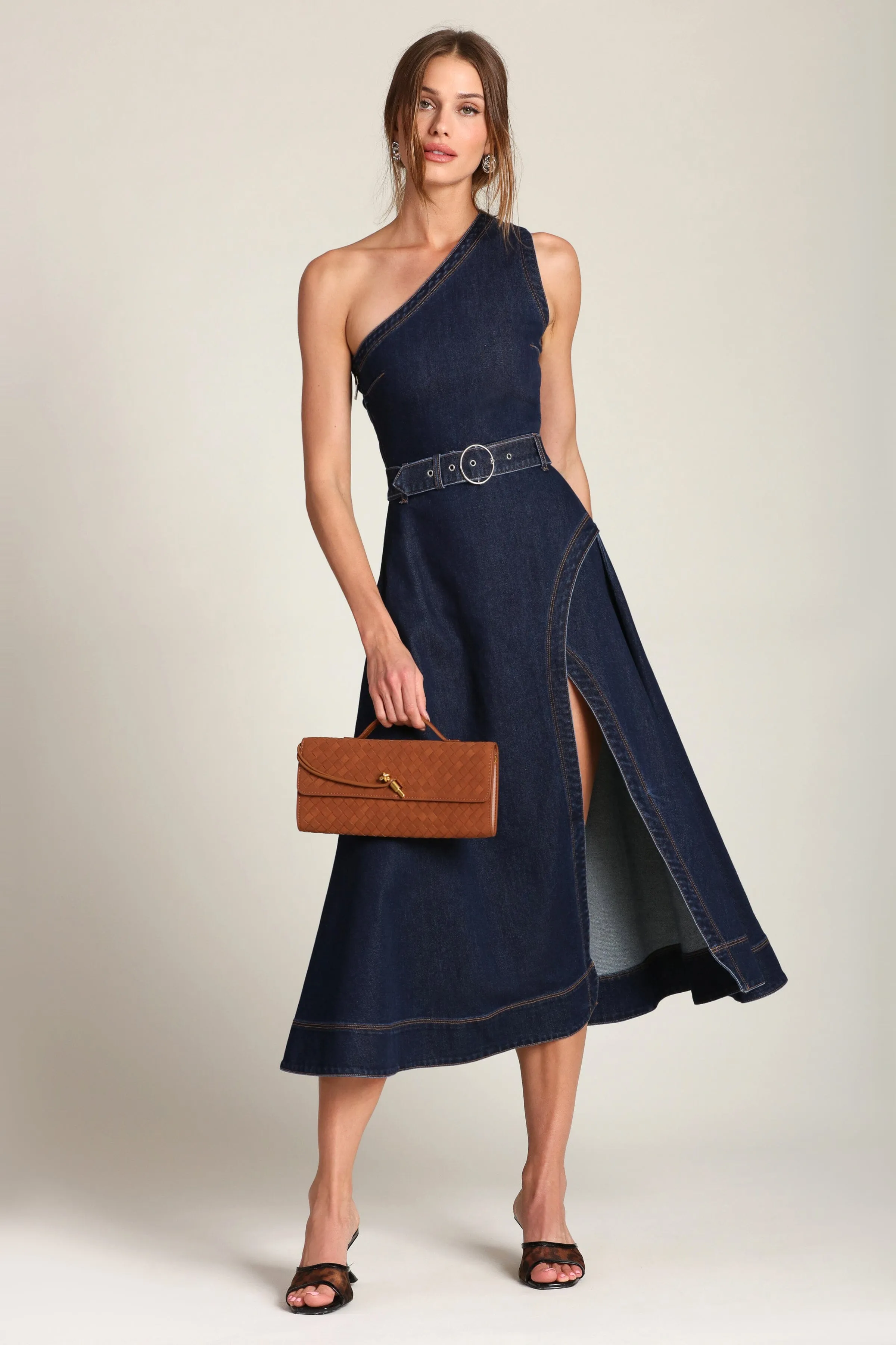 One Shoulder Belted Denim Midi Dress sold by Avec Les Filles