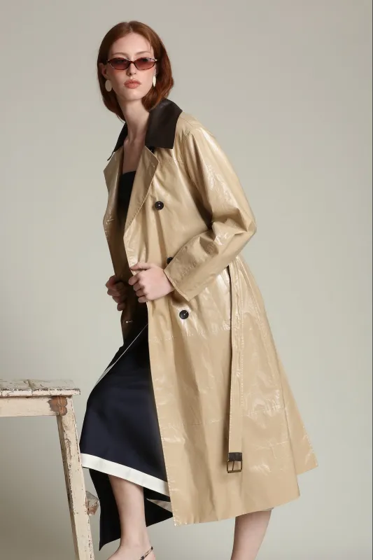 Faux Leather Contrast Trim Trench Coat made by Avec Les Filles