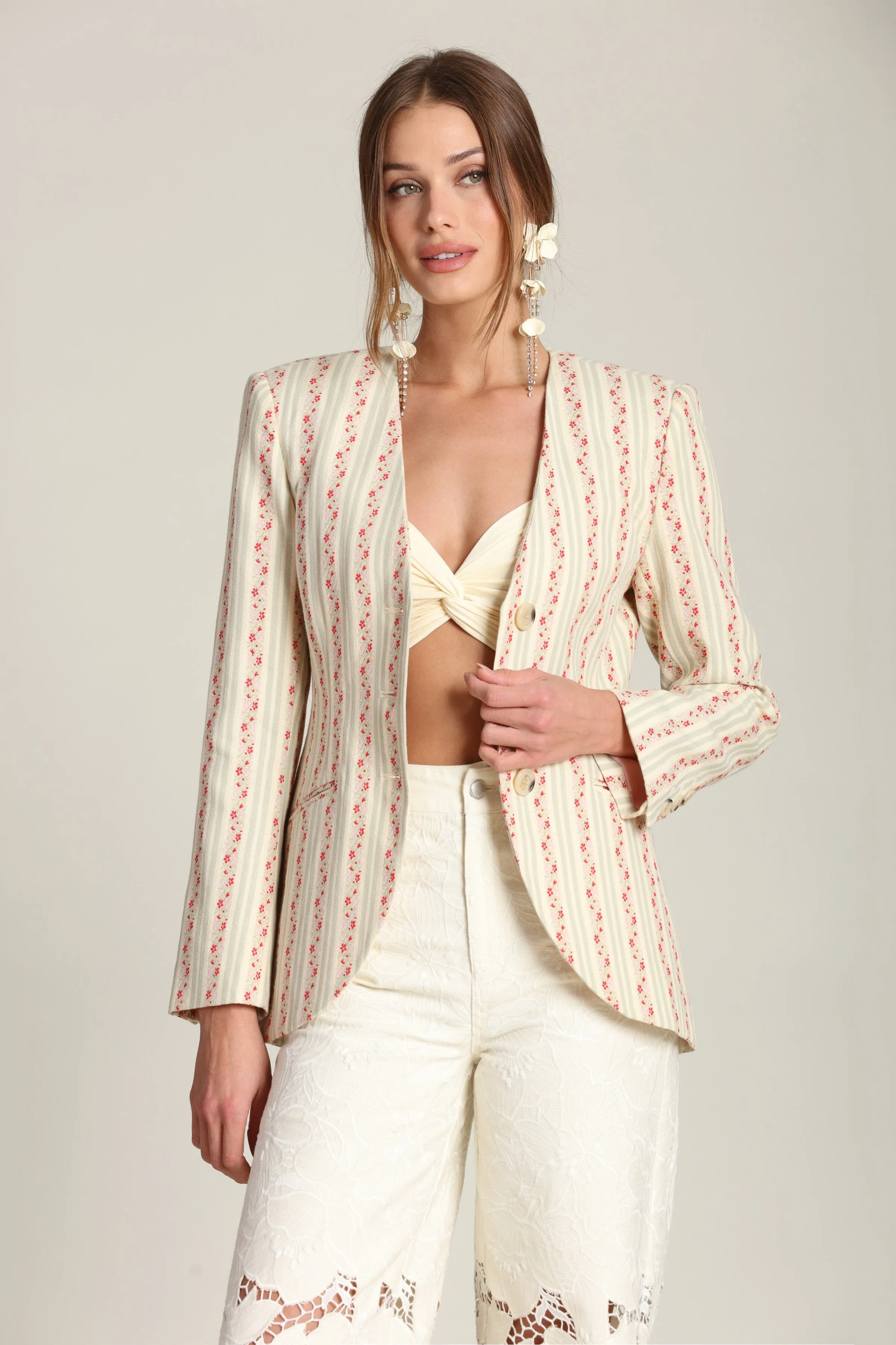 Floral Stripe Linen Blend Blazer sold by Avec Les Filles product image thumbnail 5