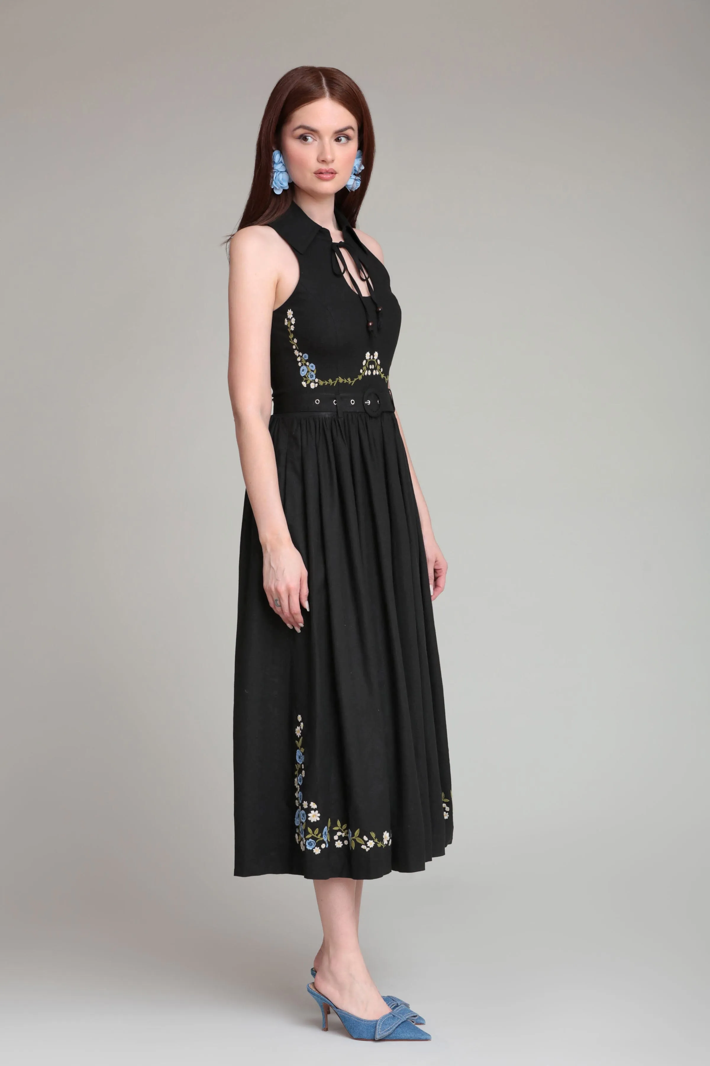 Embroidered Linen Blend Belted Midi Dress sold by Avec Les Filles product image thumbnail 4