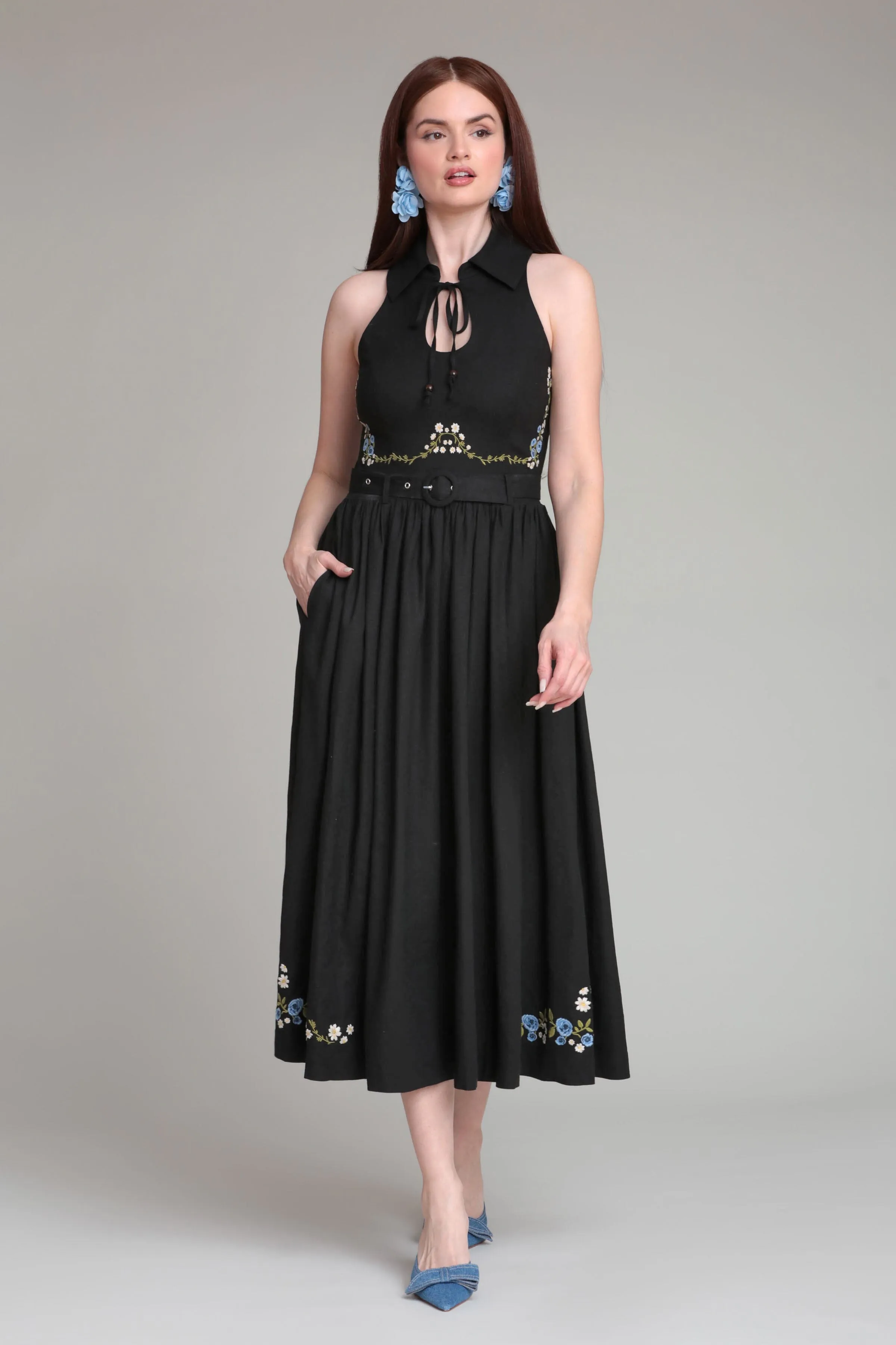 Embroidered Linen Blend Belted Midi Dress sold by Avec Les Filles product image thumbnail 3