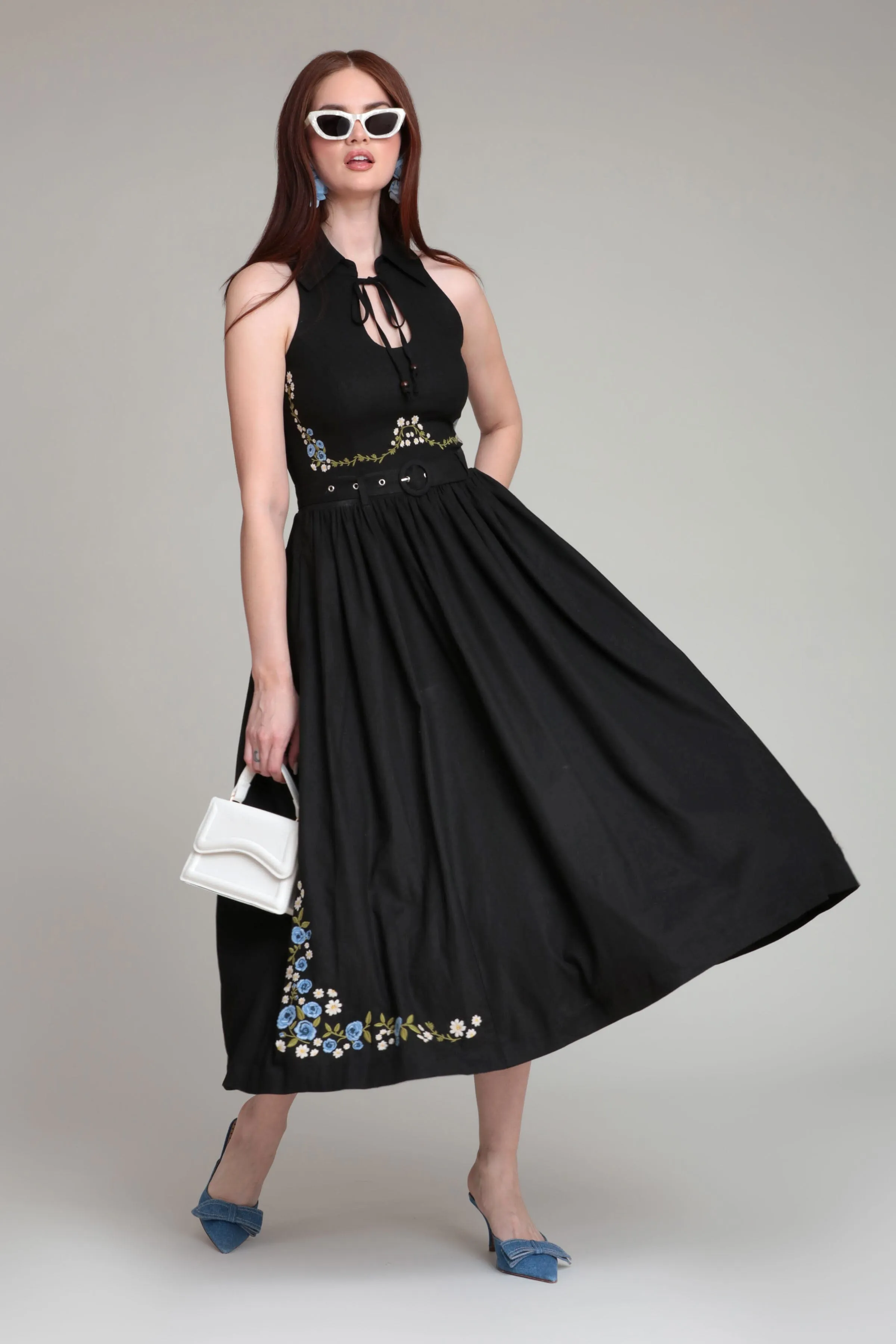 Embroidered Linen Blend Belted Midi Dress sold by Avec Les Filles product image thumbnail 2