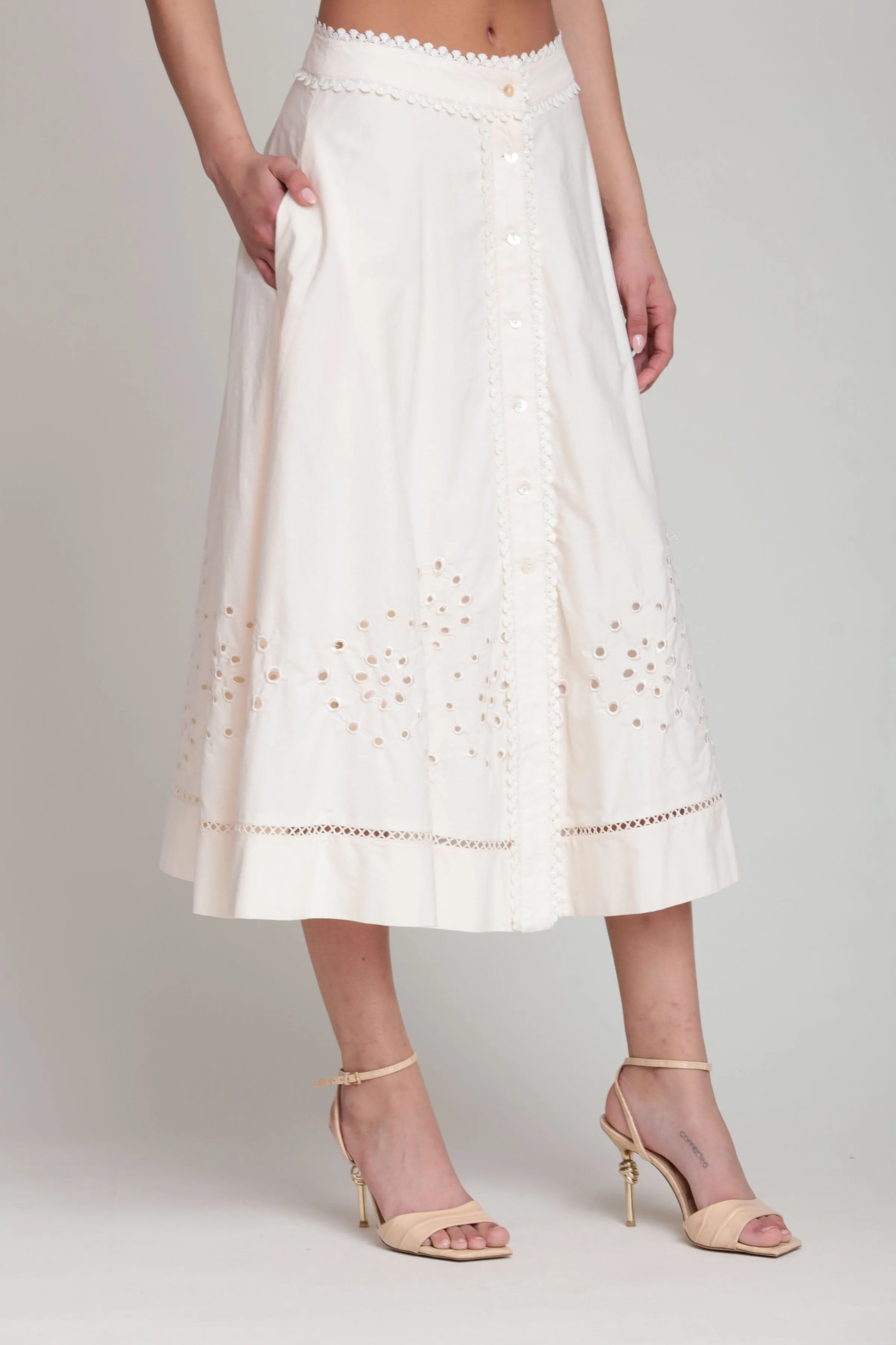 Cotton Embroidered Button Front Midi Skirt sold by Avec Les Filles product image thumbnail 4