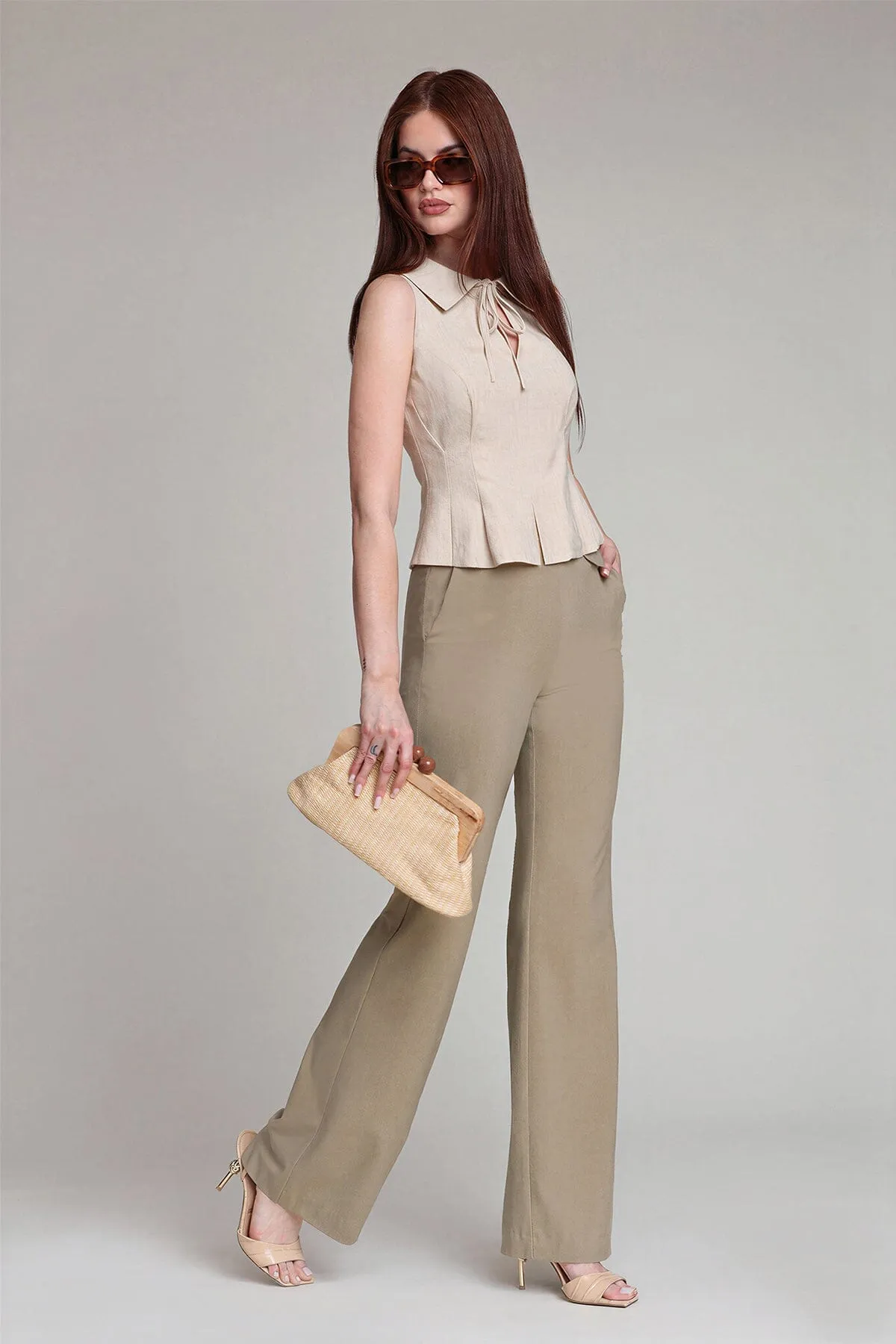 Linen Blend Tie Collared Peplum Top sold by Avec Les Filles product image thumbnail 2