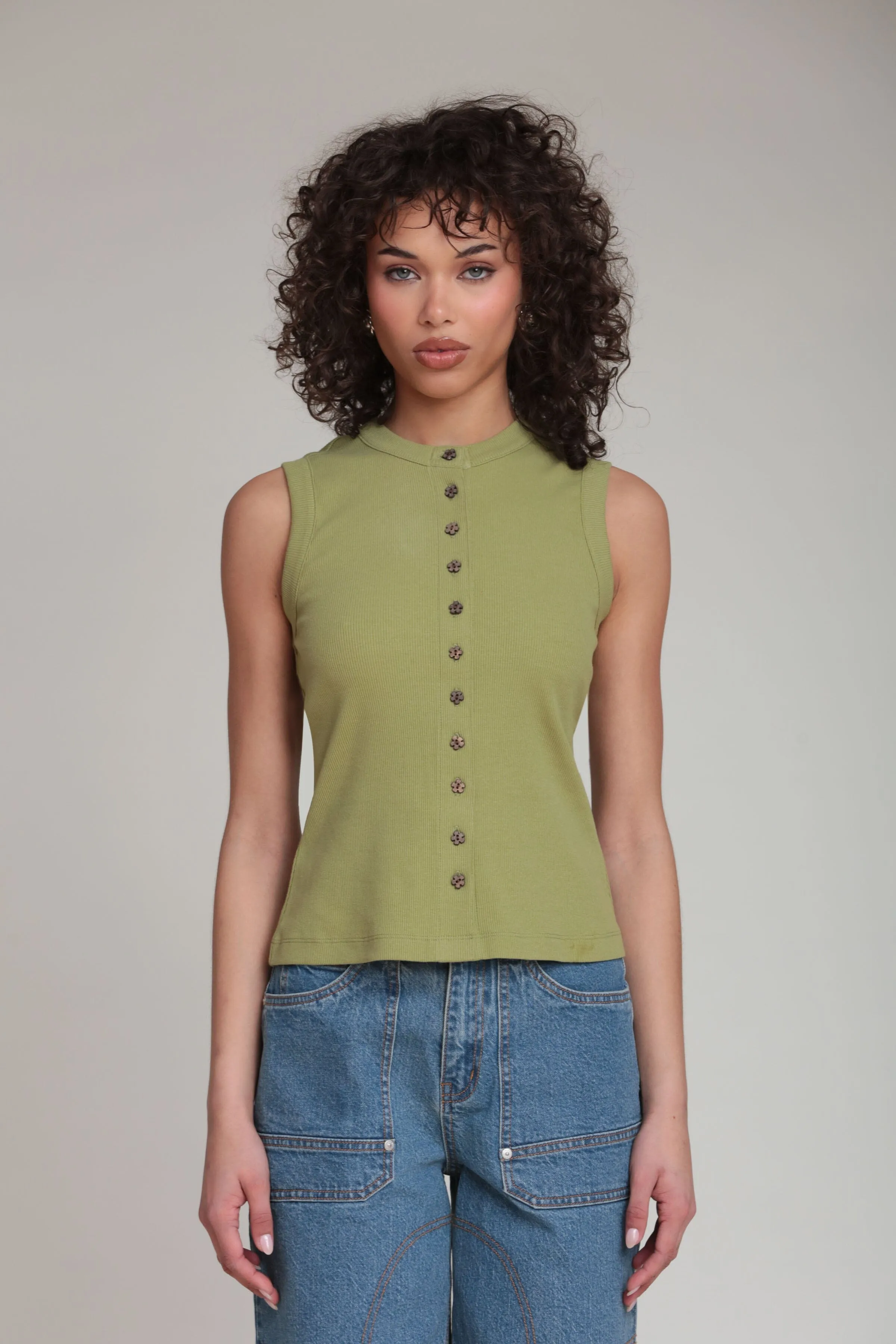 Flower Button Ribbed Cotton Tank Top sold by Avec Les Filles product image thumbnail 3