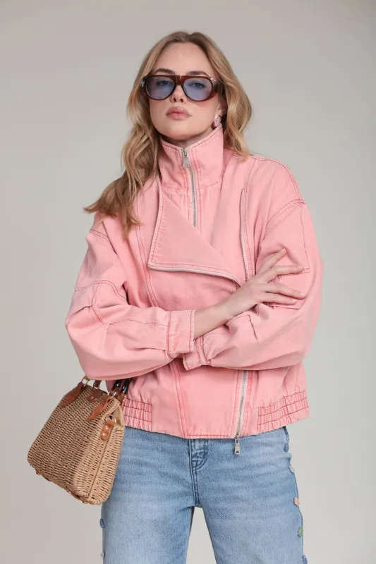 Washed Denim Asymmetric Bomber Jacket made by Avec Les Filles