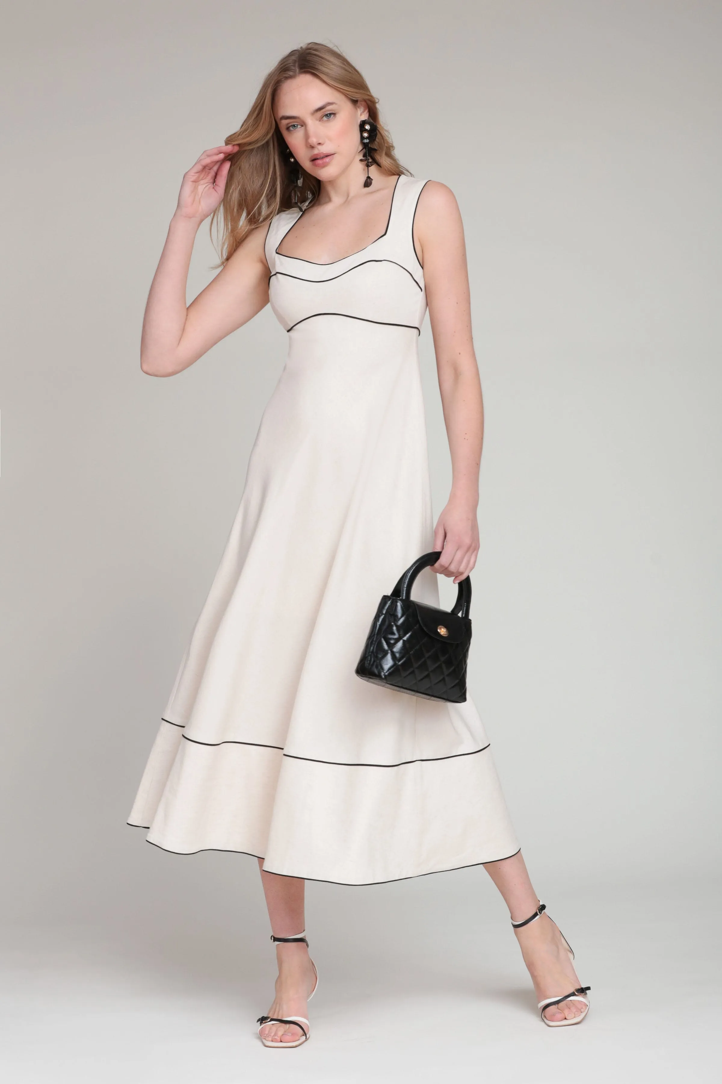 Linen Blend Contrast Piping Midi Dress sold by Avec Les Filles product image thumbnail 2