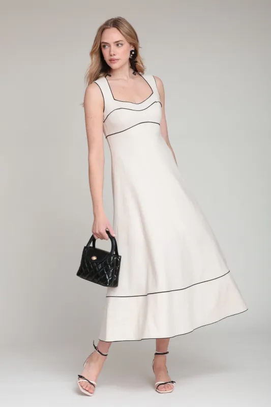 Linen Blend Contrast Piping Midi Dress made by Avec Les Filles