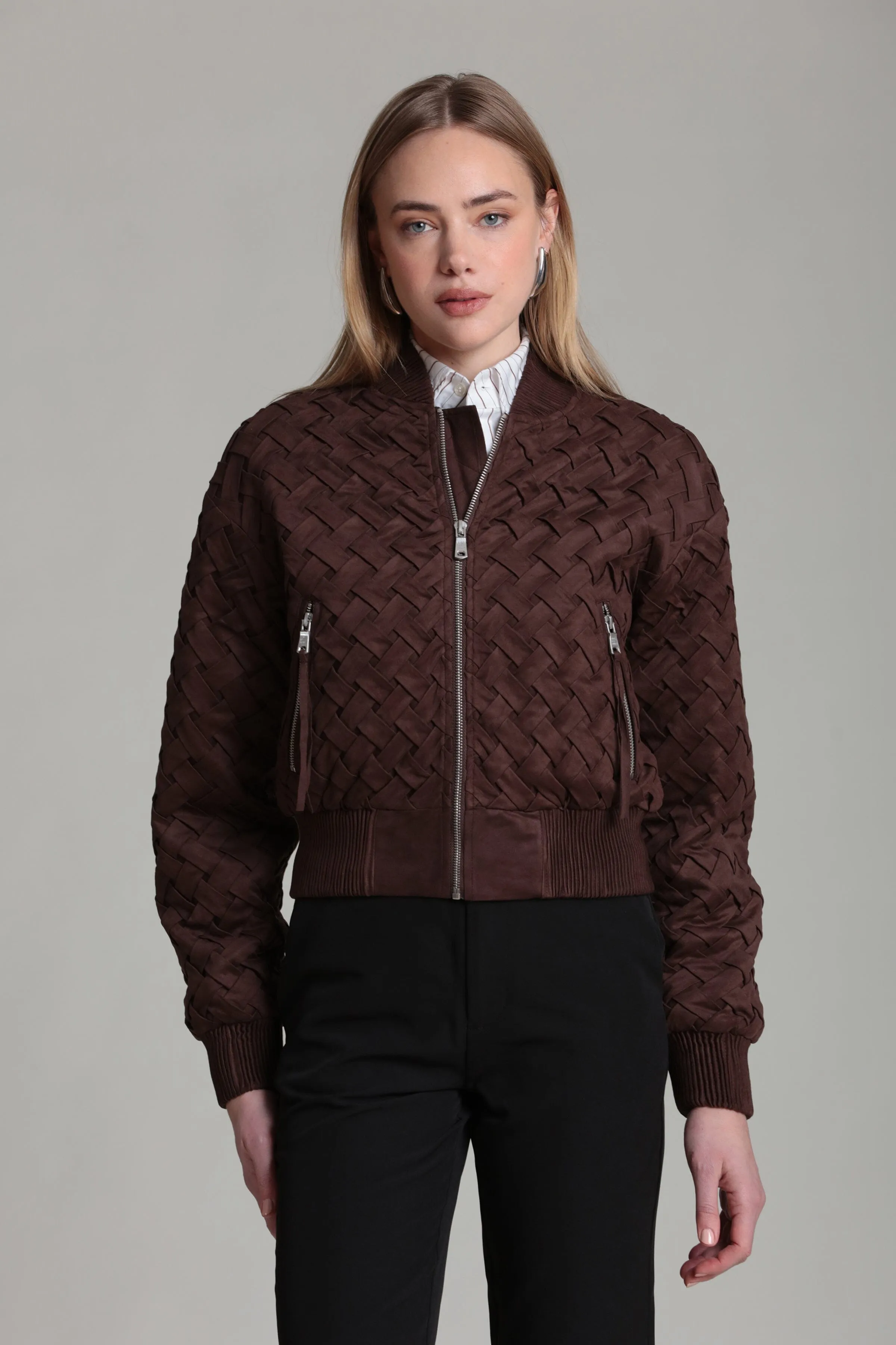 Faux Suede Woven Bomber Jacket sold by Avec Les Filles product image thumbnail 3