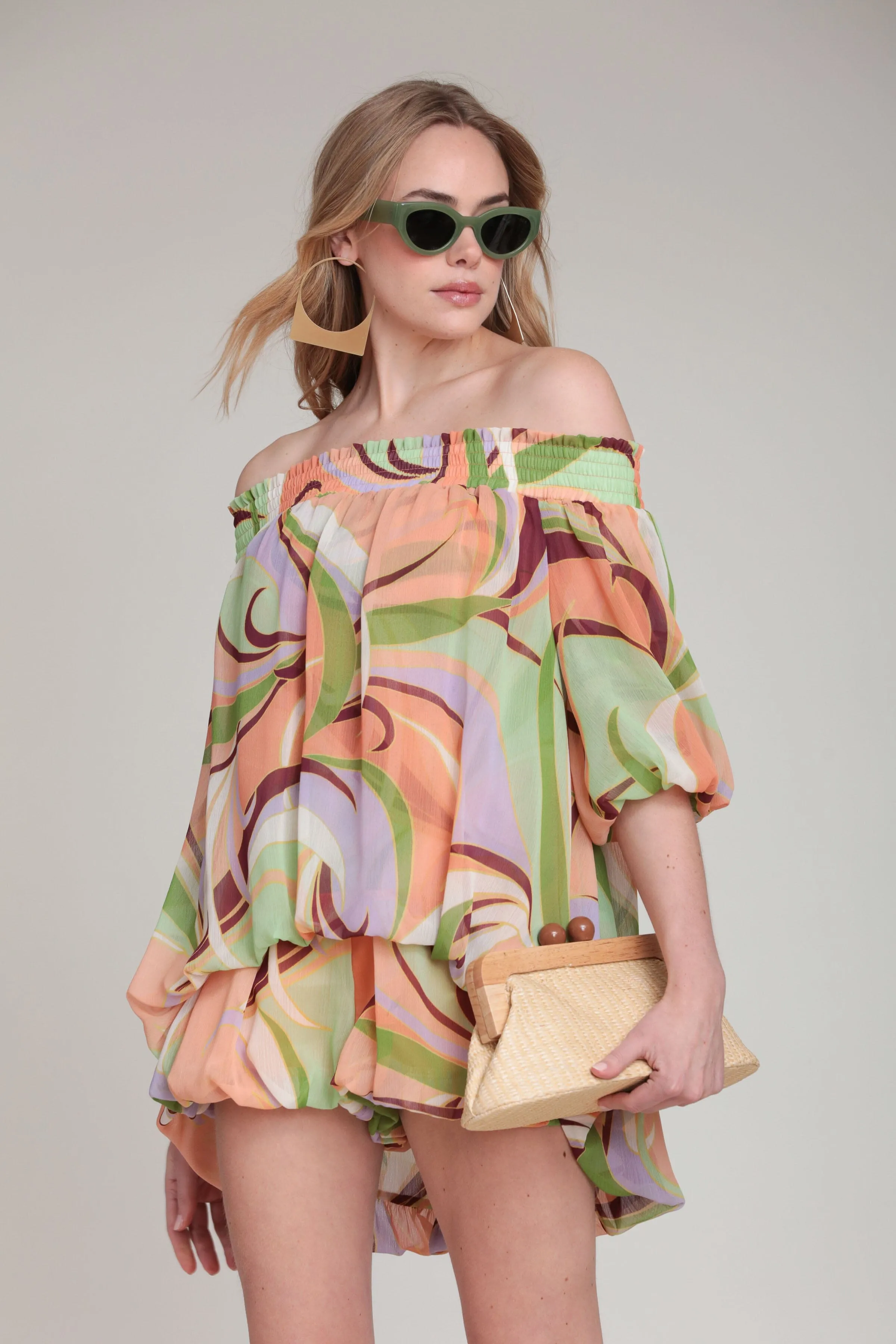 Printed Chiffon Off Shoulder High Low Romper sold by Avec Les Filles