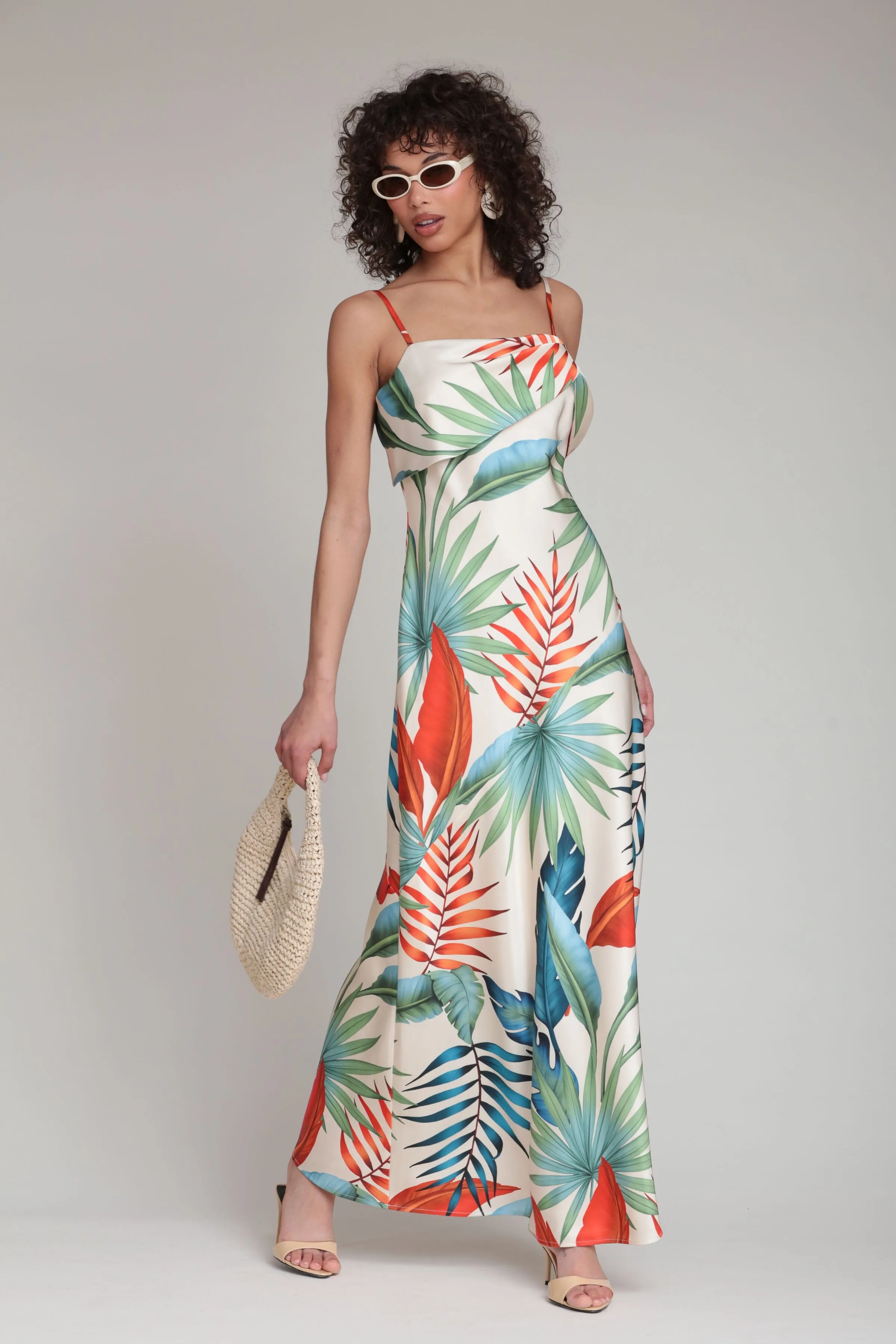 Tropical Satin Bias Cut Maxi Dress sold by Avec Les Filles product image thumbnail 4