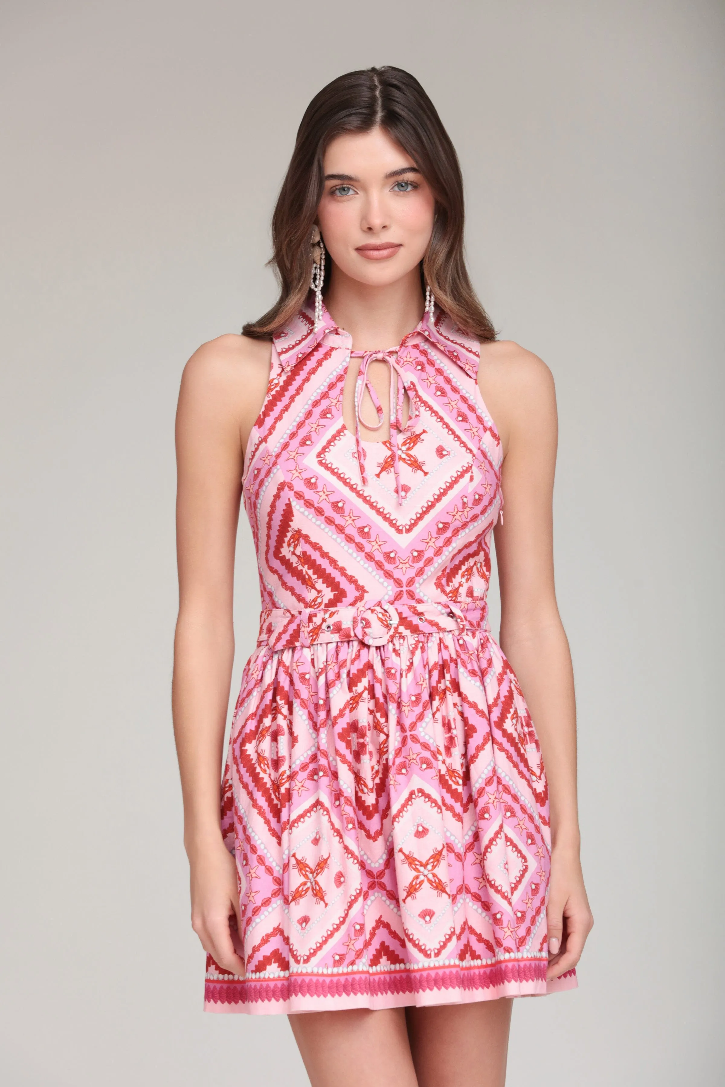 Linen Blend Lobster Pearl Belted Mini Dress sold by Avec Les Filles product image thumbnail 3
