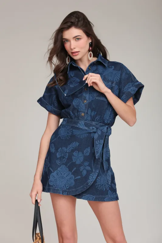 Laser Print Denim Wrap Mini Shirt Dress made by Avec Les Filles