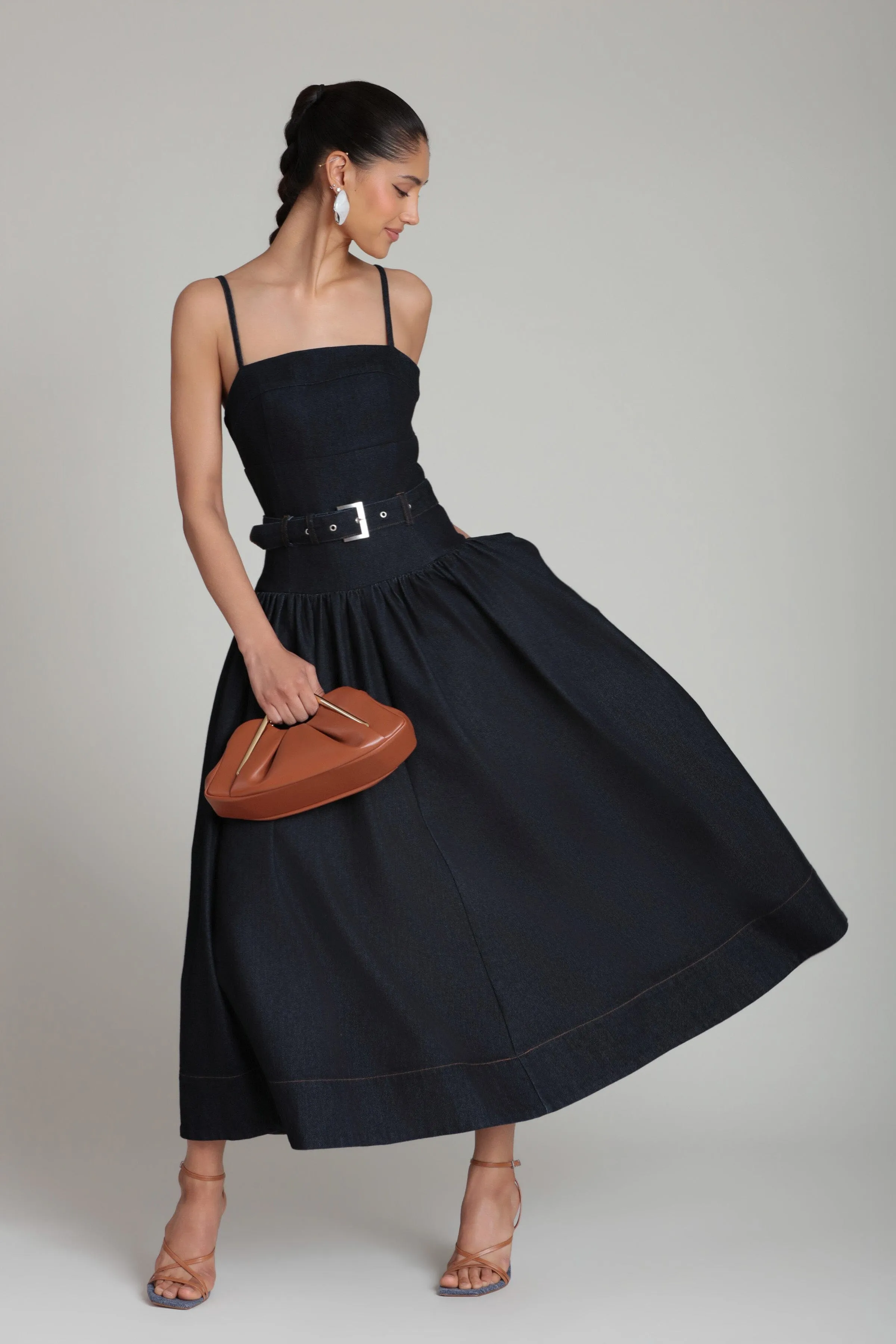 Belted Drop Waist Stretch Denim Midi Dress sold by Avec Les Filles product image thumbnail 2