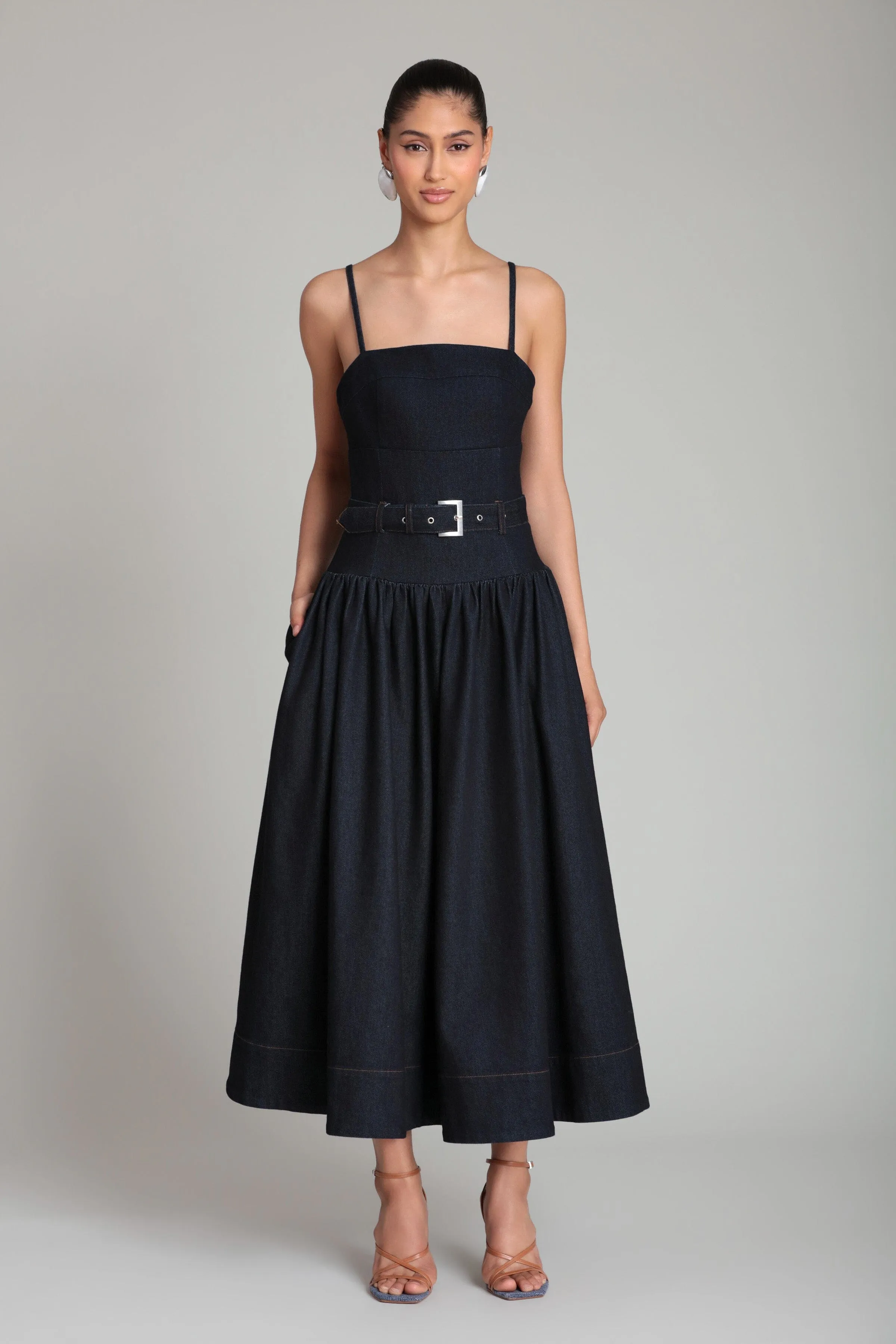 Belted Drop Waist Stretch Denim Midi Dress sold by Avec Les Filles product image thumbnail 3