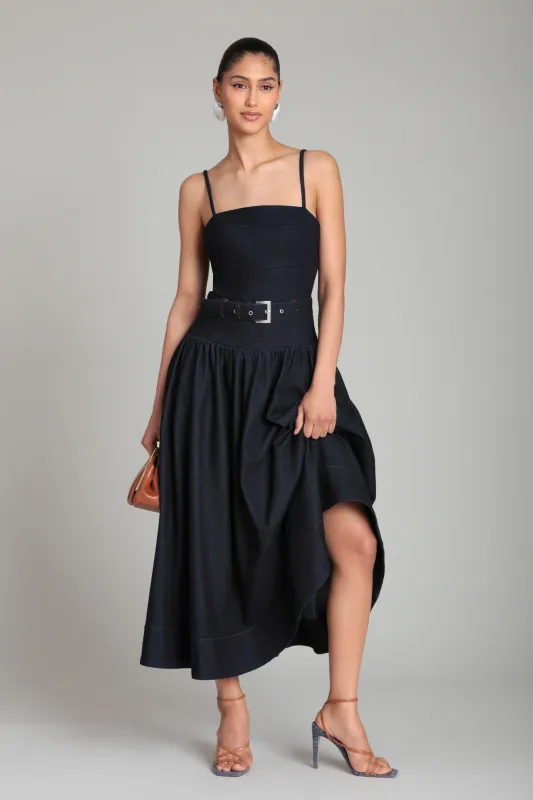 Belted Drop Waist Stretch Denim Midi Dress made by Avec Les Filles