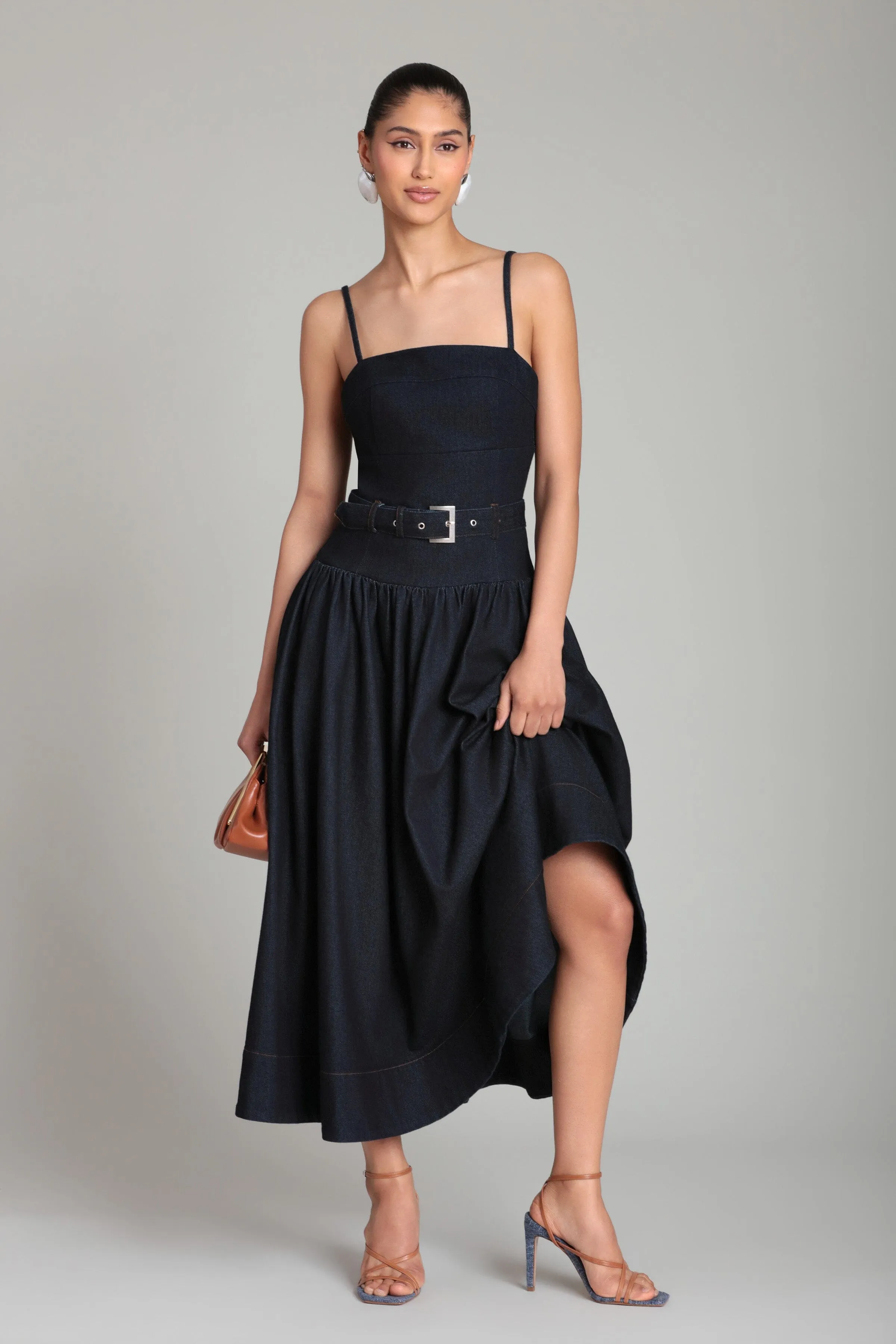 Belted Drop Waist Stretch Denim Midi Dress sold by Avec Les Filles