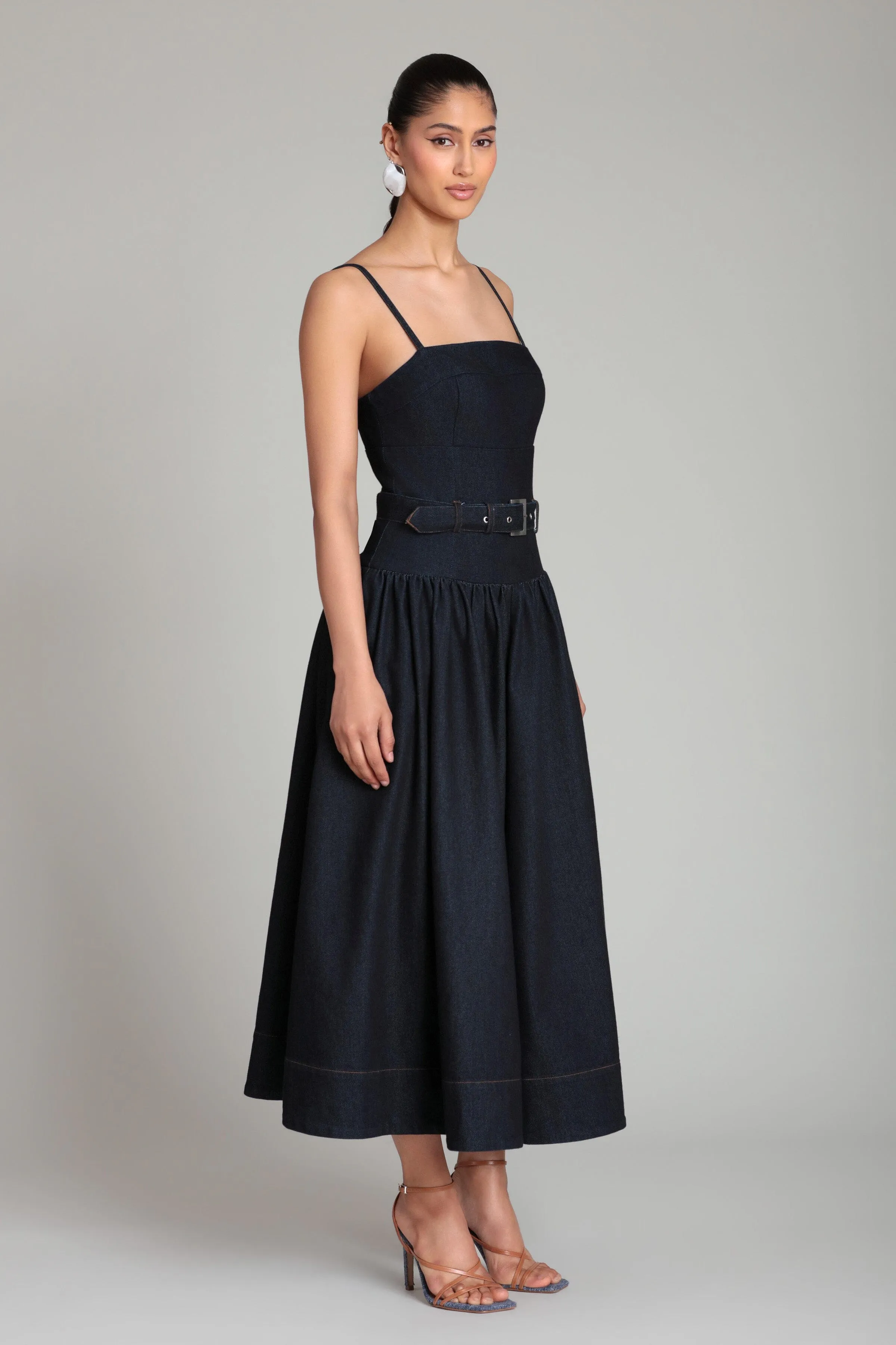 Belted Drop Waist Stretch Denim Midi Dress sold by Avec Les Filles product image thumbnail 4