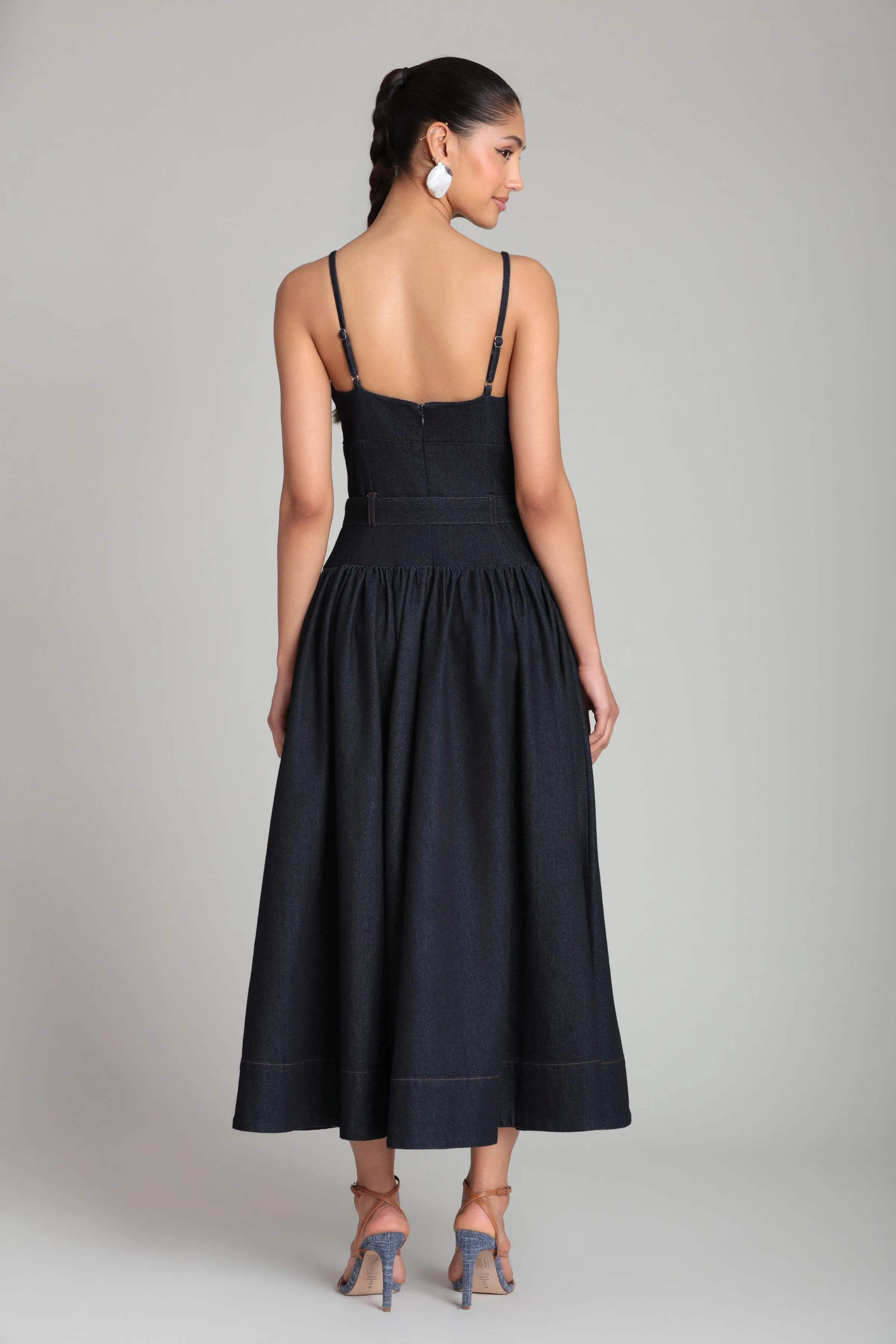 Belted Drop Waist Stretch Denim Midi Dress sold by Avec Les Filles product image thumbnail 5