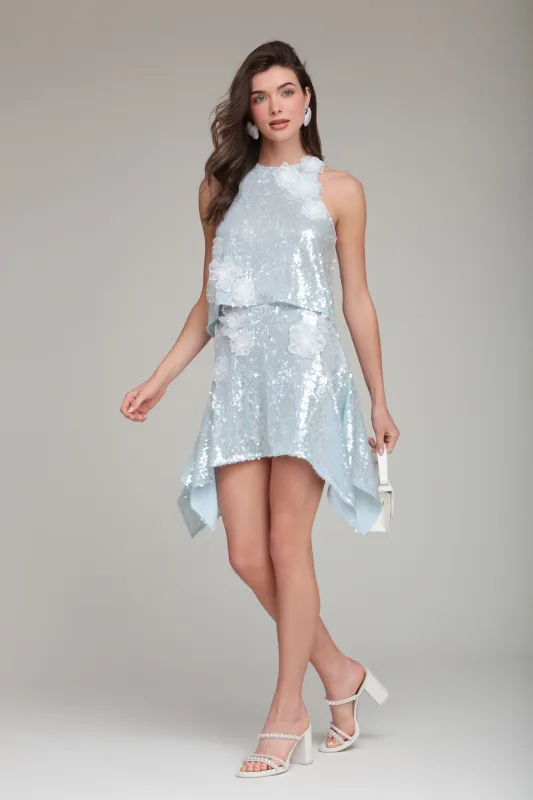 Sequin Floral Appliqué Handkerchief Mini Skirt made by Avec Les Filles