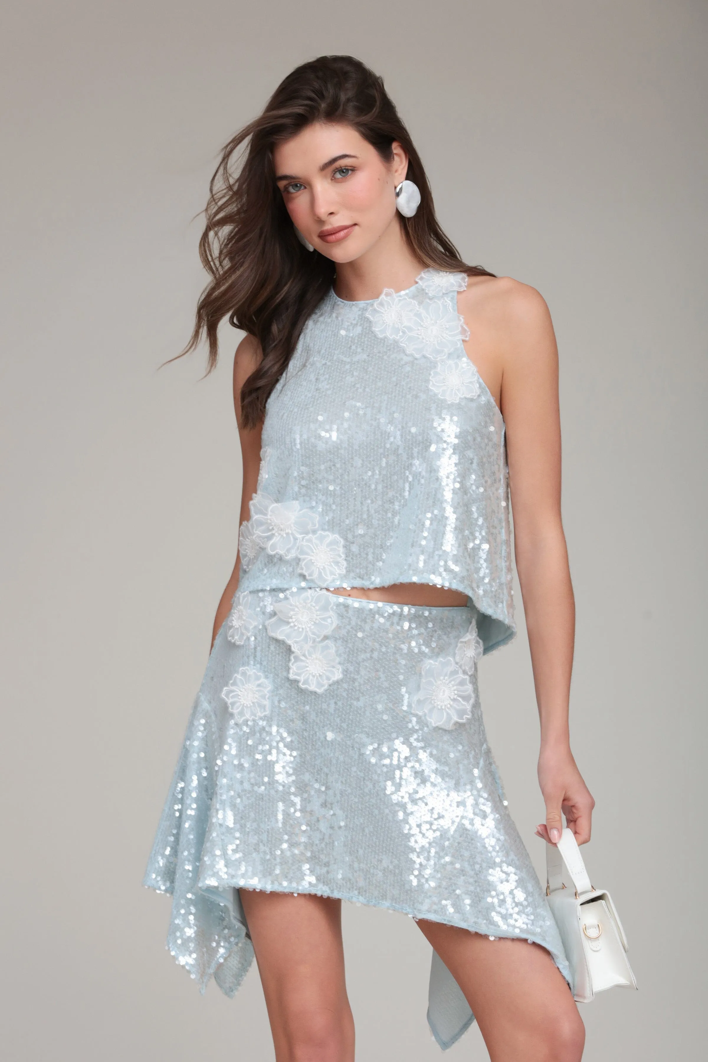 Sequin Floral Appliqué Handkerchief Mini Skirt sold by Avec Les Filles product image thumbnail 2