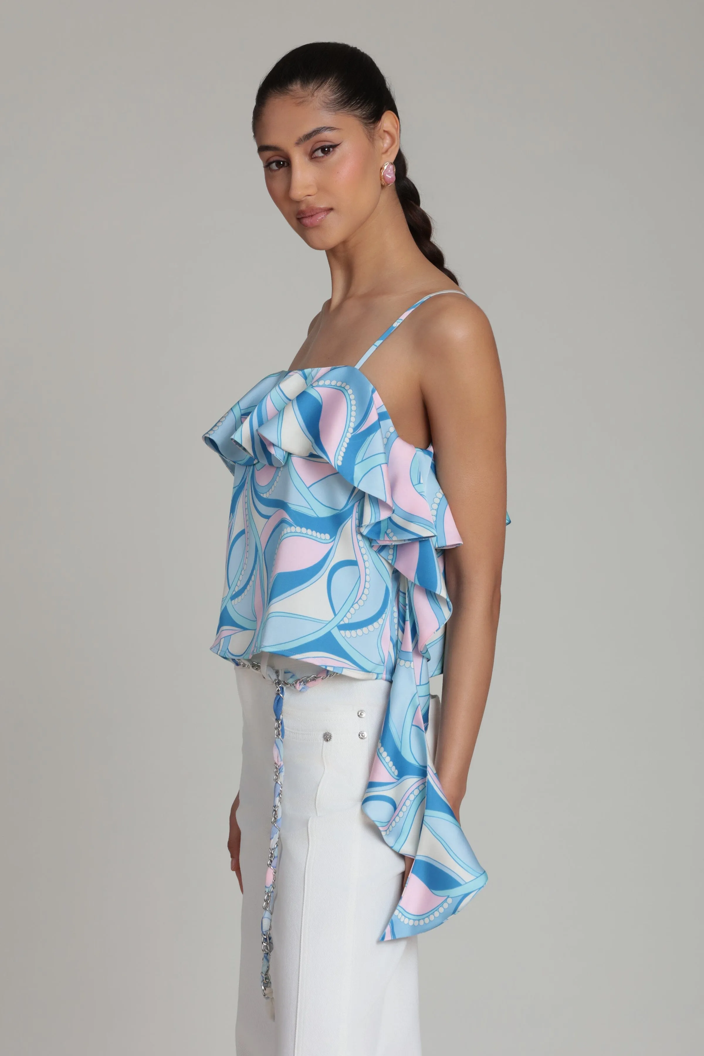 Paisley Satin Asymmetric Ruffle Cami Top sold by Avec Les Filles product image thumbnail 5