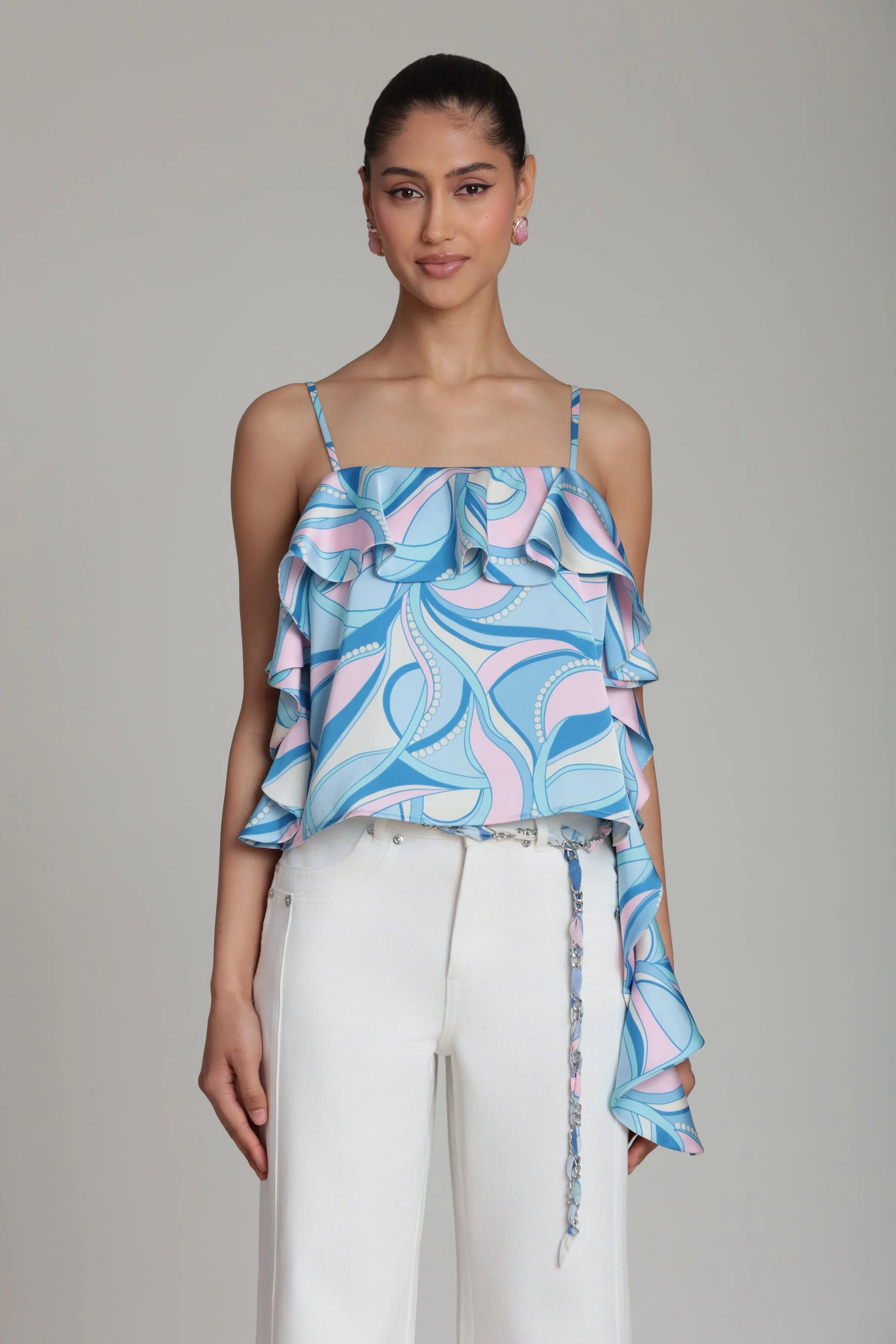 Paisley Satin Asymmetric Ruffle Cami Top sold by Avec Les Filles product image thumbnail 4