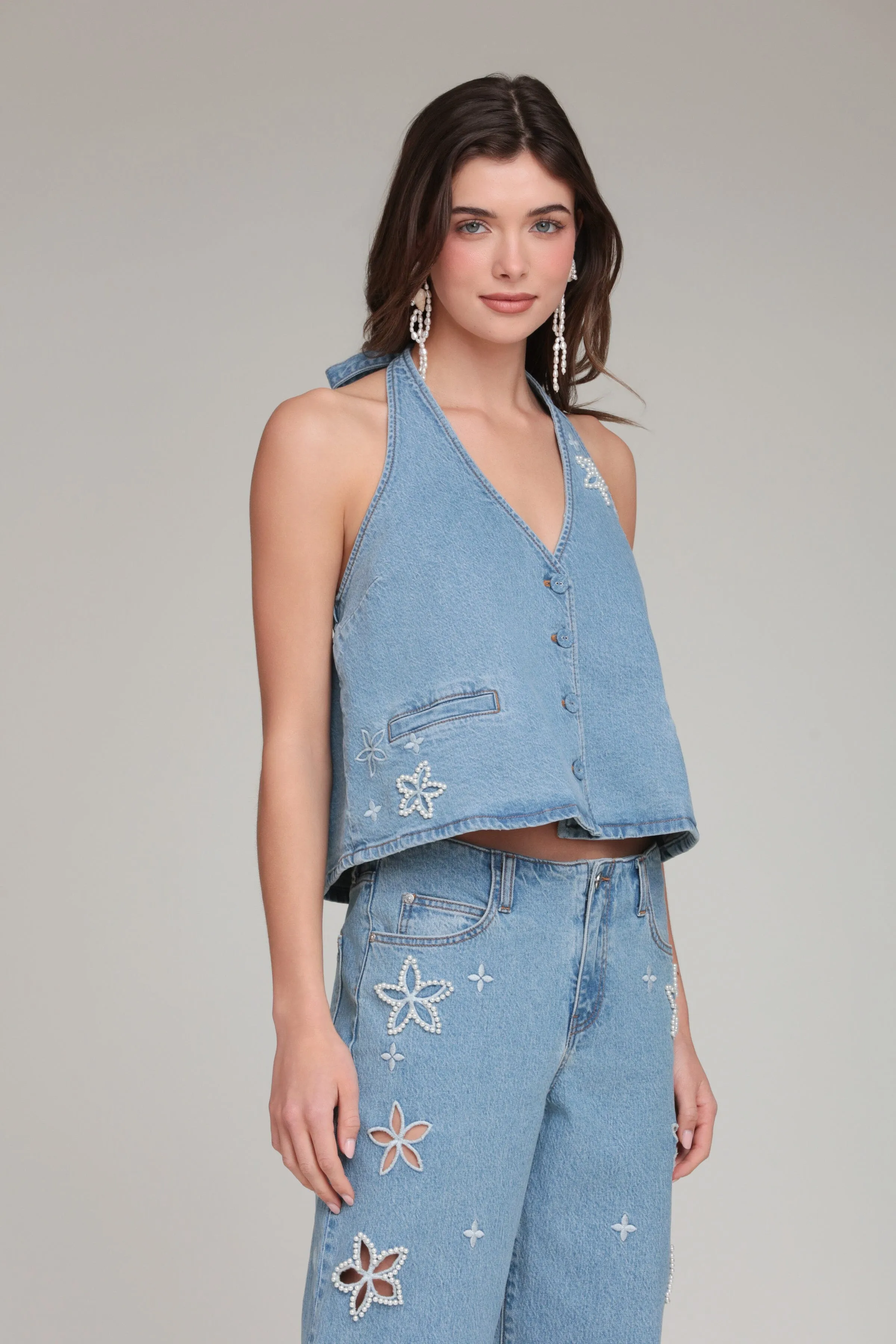 Pearl Fleur Embellished Stretch Denim Vest Top sold by Avec Les Filles product image thumbnail 5