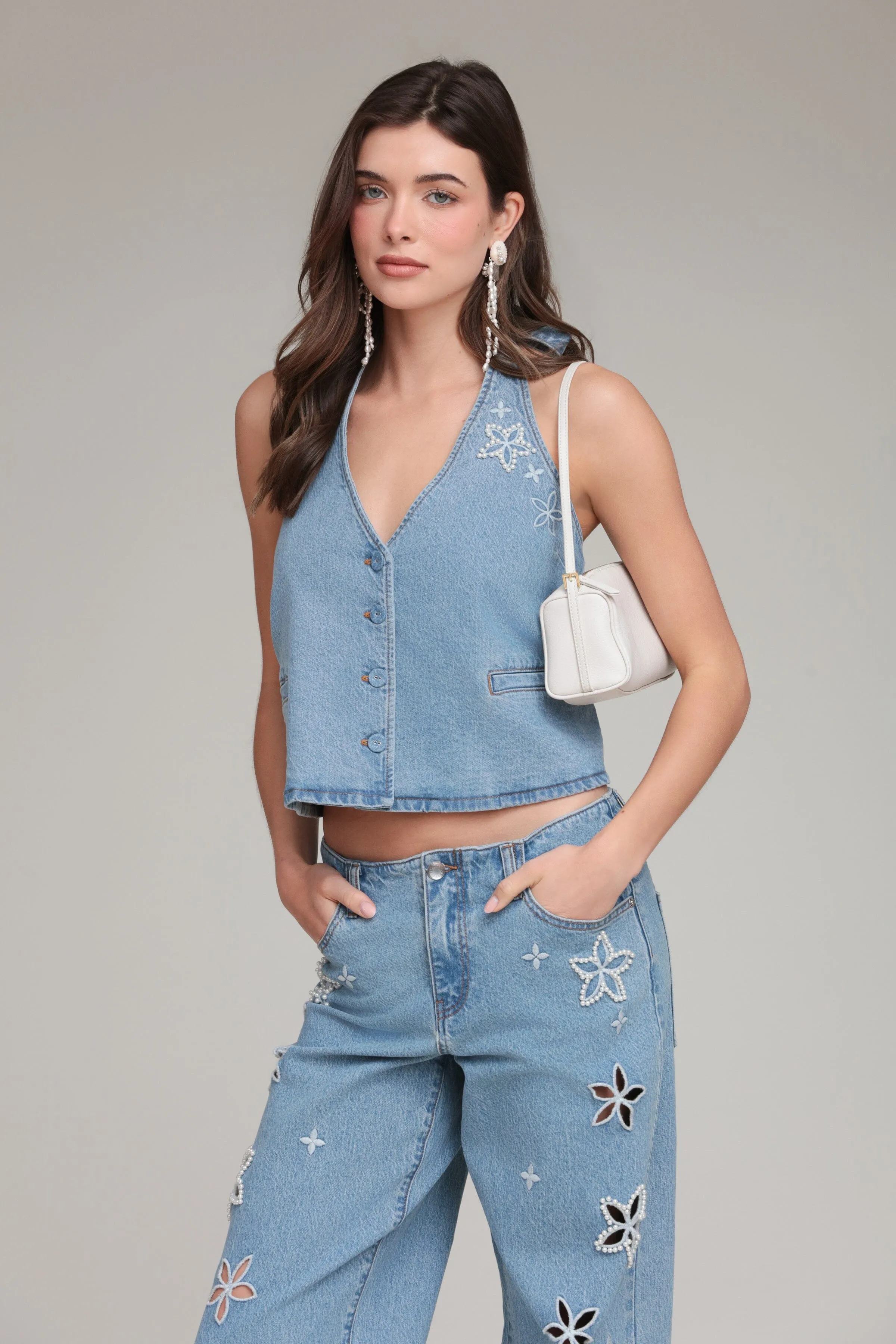 Pearl Fleur Embellished Stretch Denim Vest Top sold by Avec Les Filles