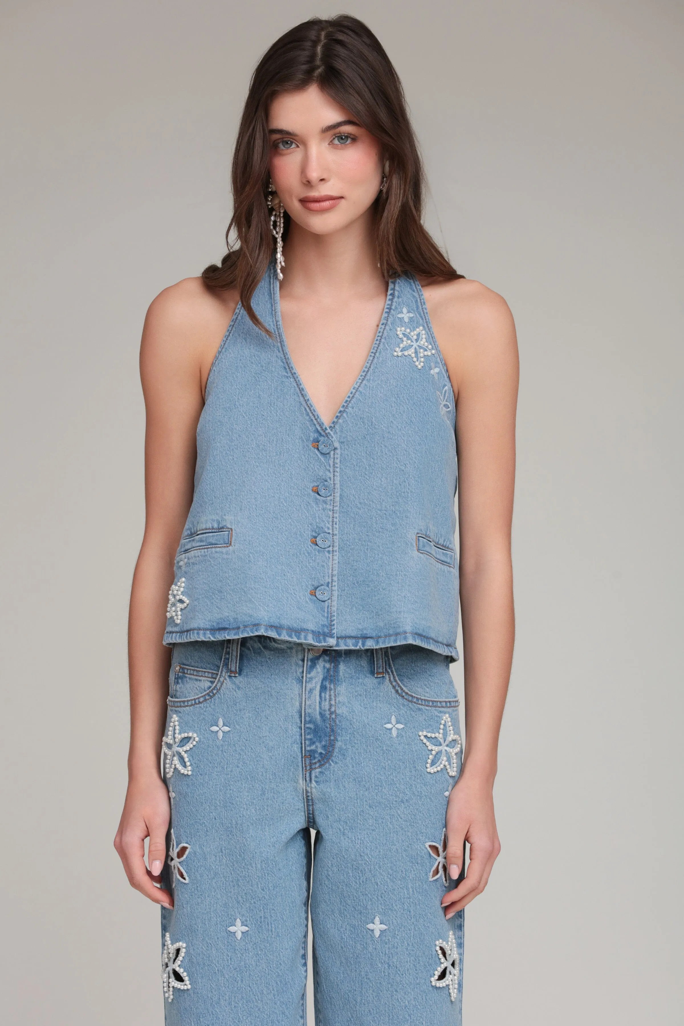 Pearl Fleur Embellished Stretch Denim Vest Top sold by Avec Les Filles product image thumbnail 4
