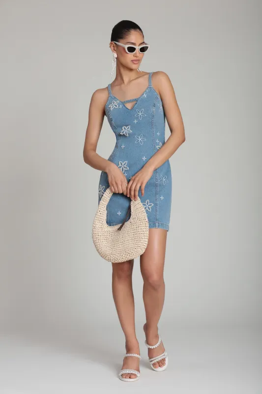 Pearl Fleur Embellished Stretch Denim Mini Dress made by Avec Les Filles