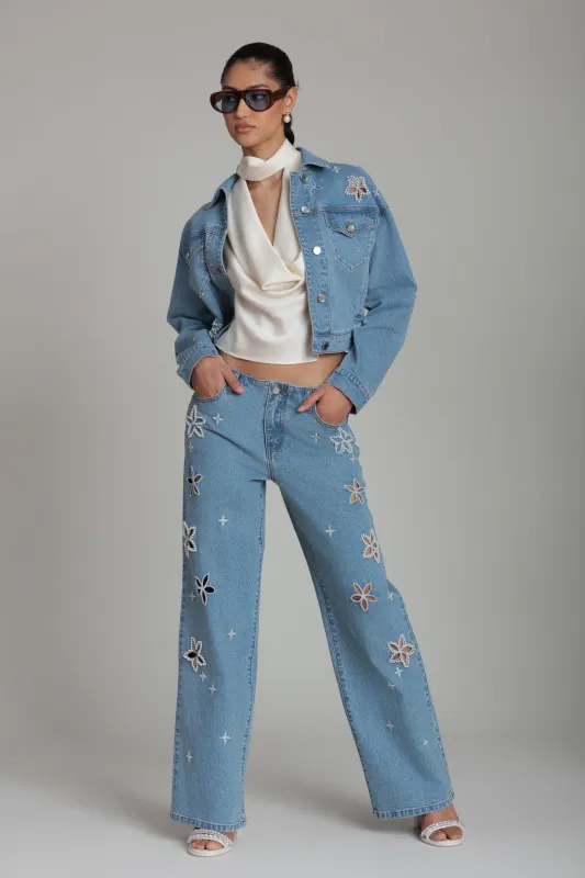 Pearl Fleur Embellished Stretch Denim Jacket made by Avec Les Filles