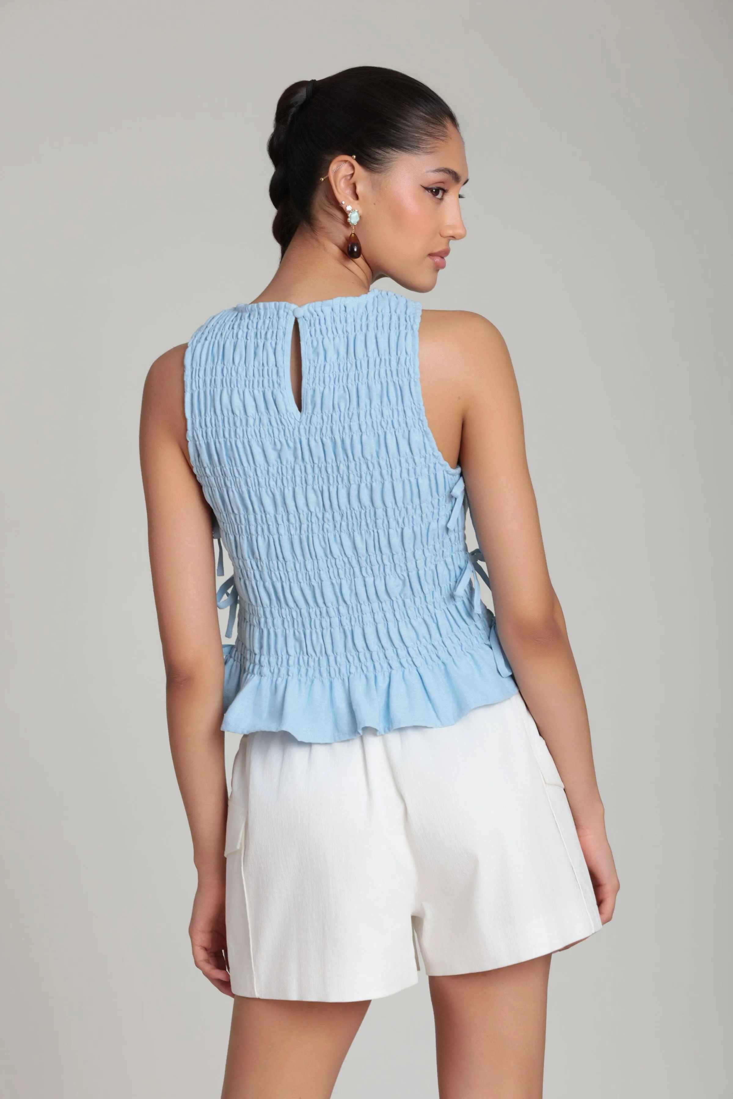 Linen Blend Side-Tie Ruffle Hem Top sold by Avec Les Filles product image thumbnail 4