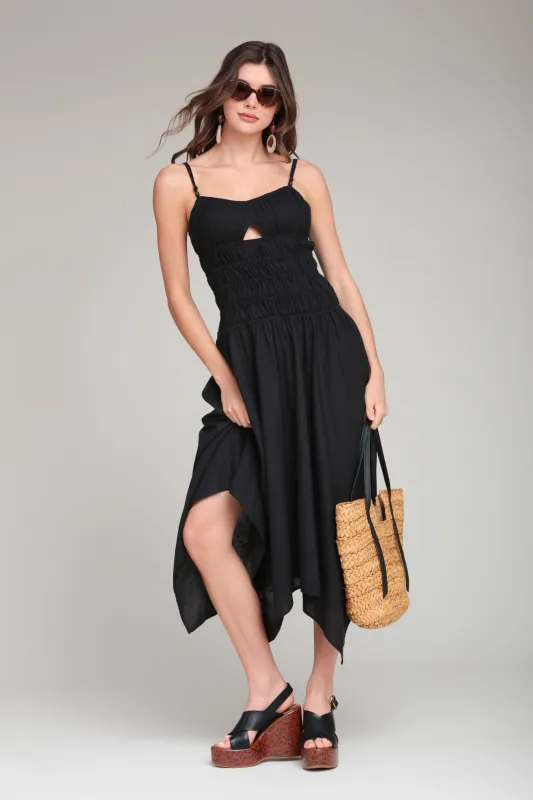Linen Blend Shirred Handkerchief Hem Midi Dress made by Avec Les Filles